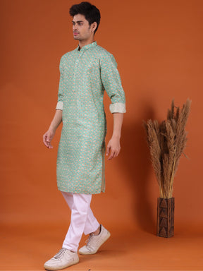 Tropical Green Ikat Print Cotton Silk Kurta