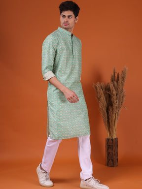 Tropical Green Ikat Print Cotton Silk Kurta