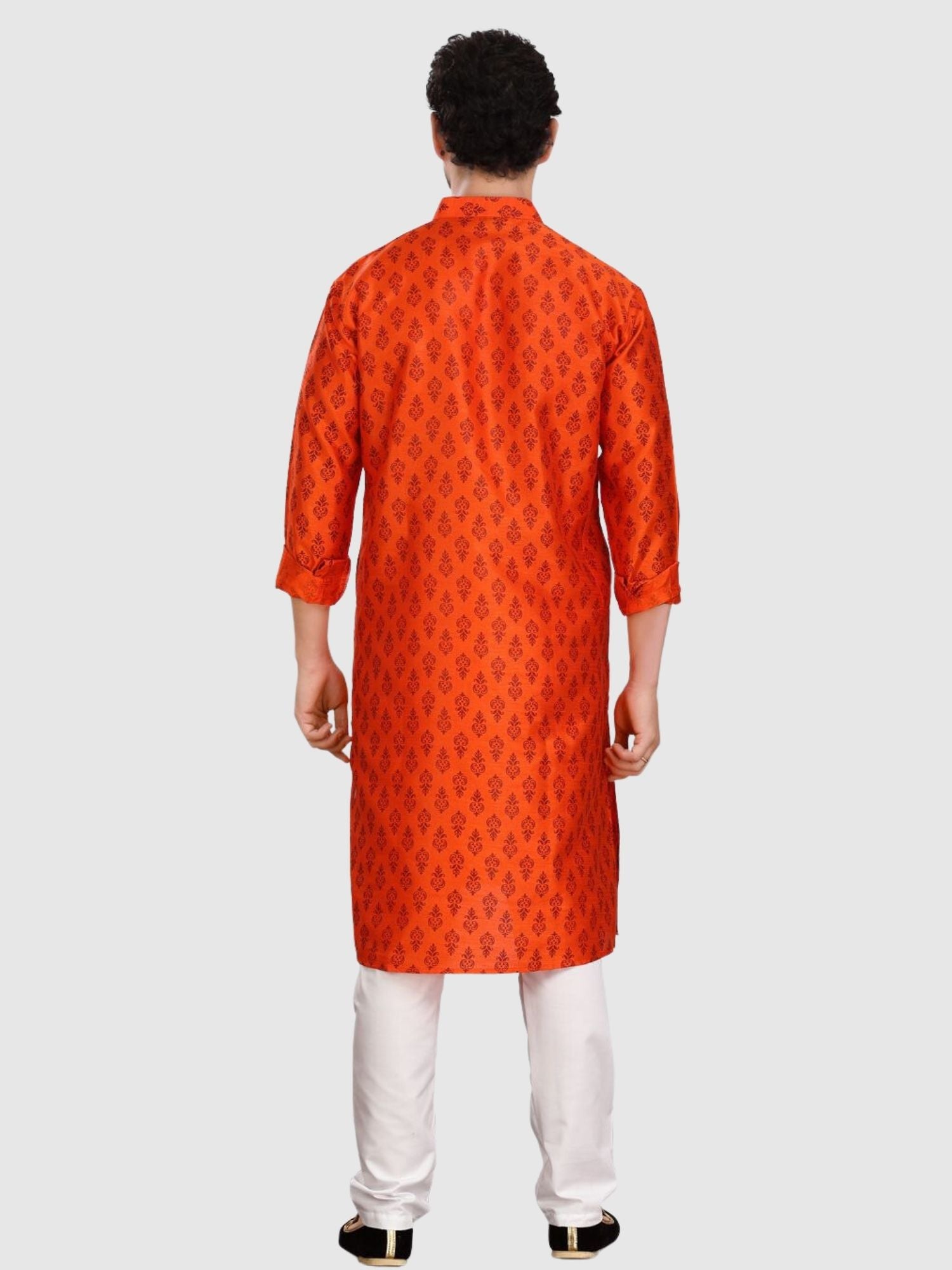 Apricot Orange Silk Printed Kurta  and Matching Dhoti