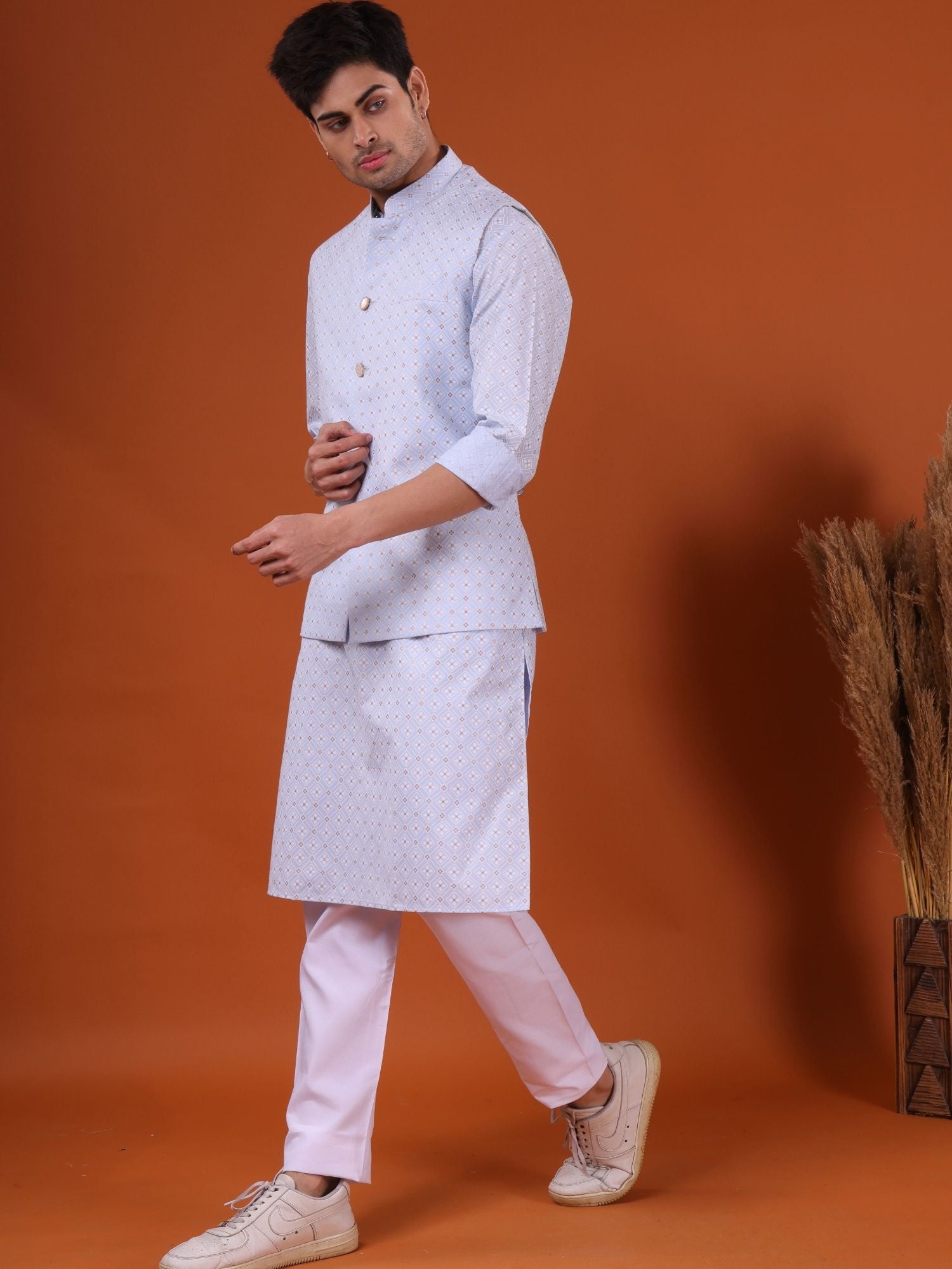 Light Blue Lotus Gold Printed Cotton Kurta Jacket Set