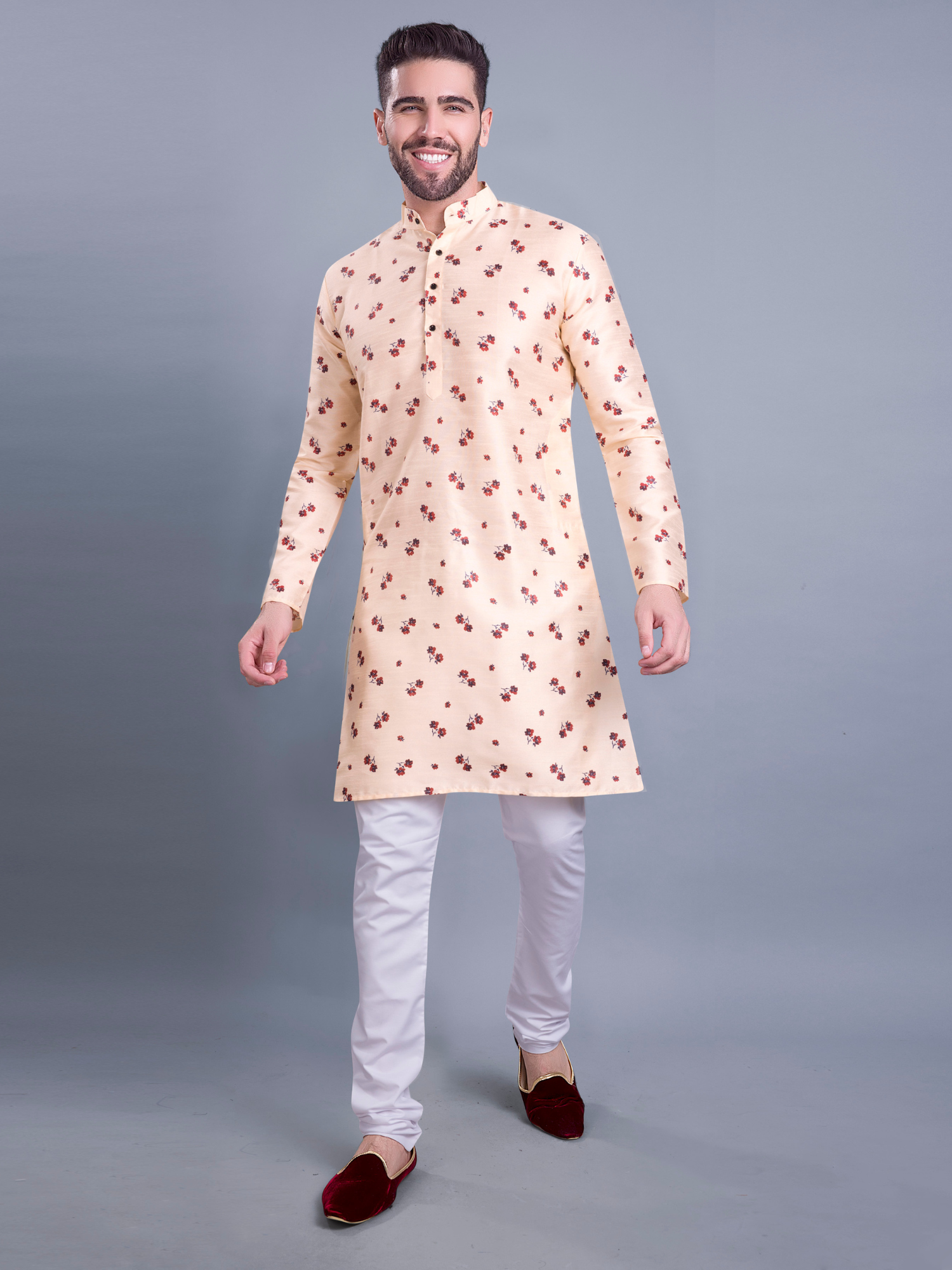 Coral Peach Hloom Printed Silk Kurta