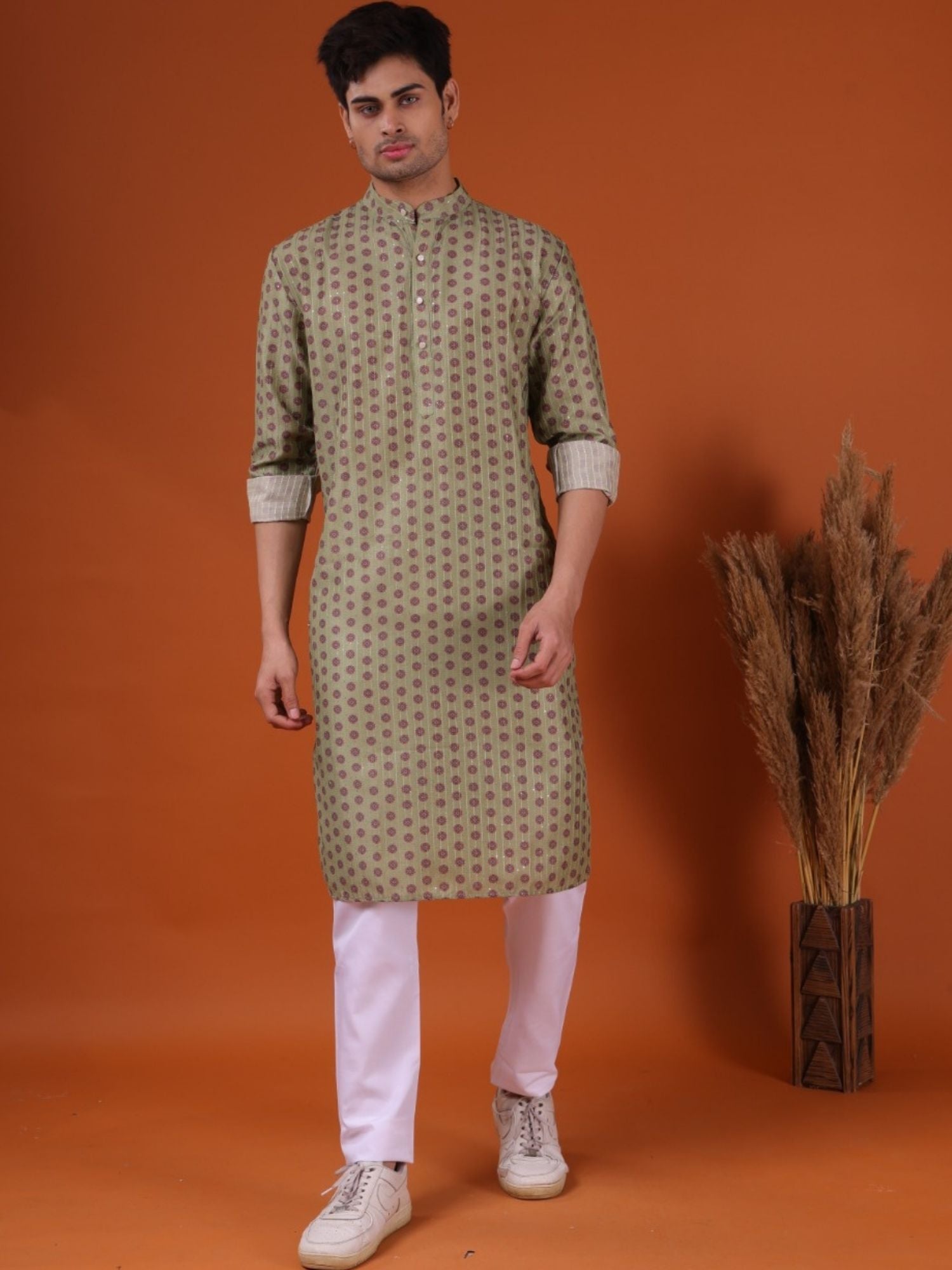 Tropical Green Ikat Print Cotton Silk Kurta