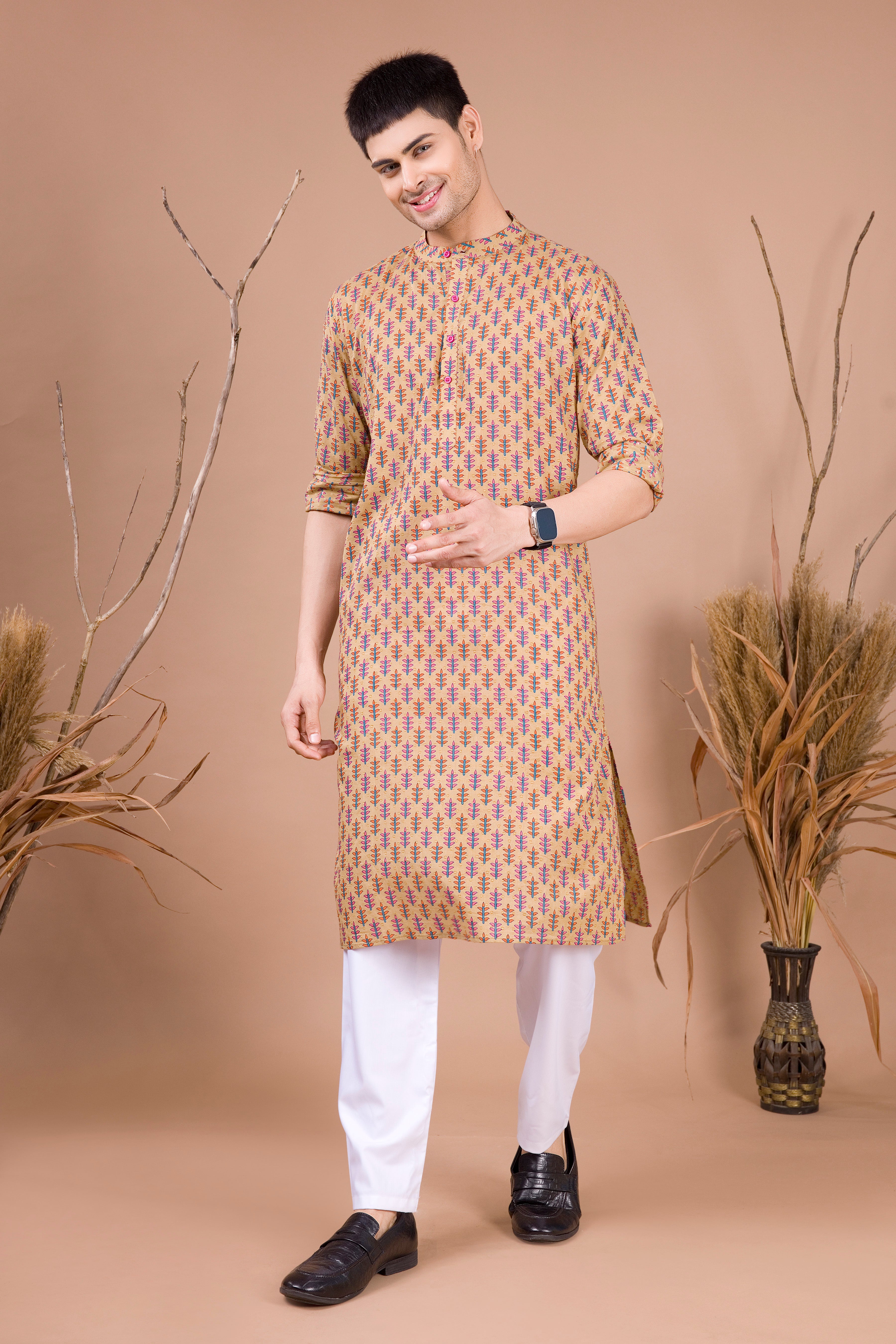 Butter Cream Printed Cotton Kurta Top