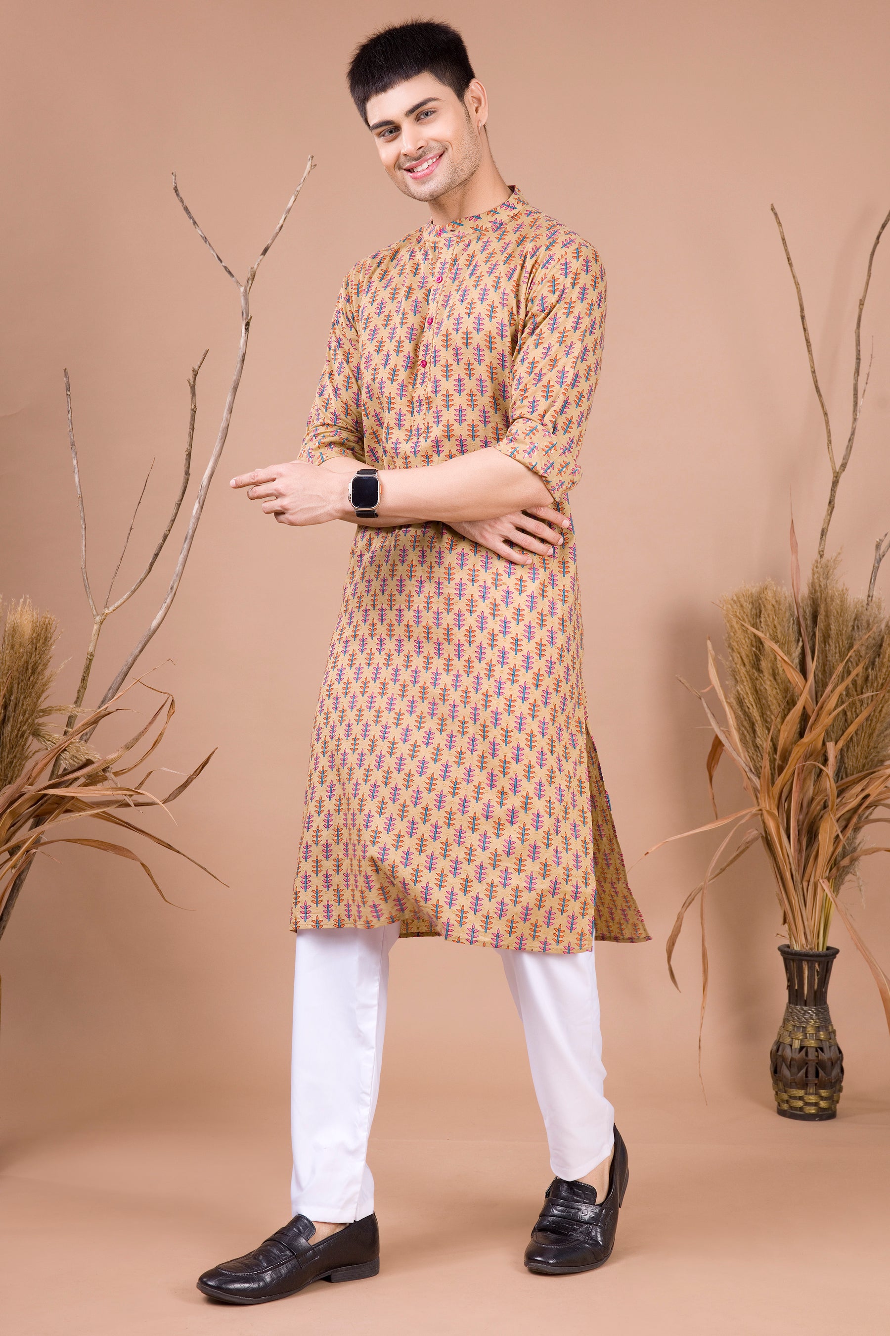 Butter Cream Printed Cotton Kurta Top