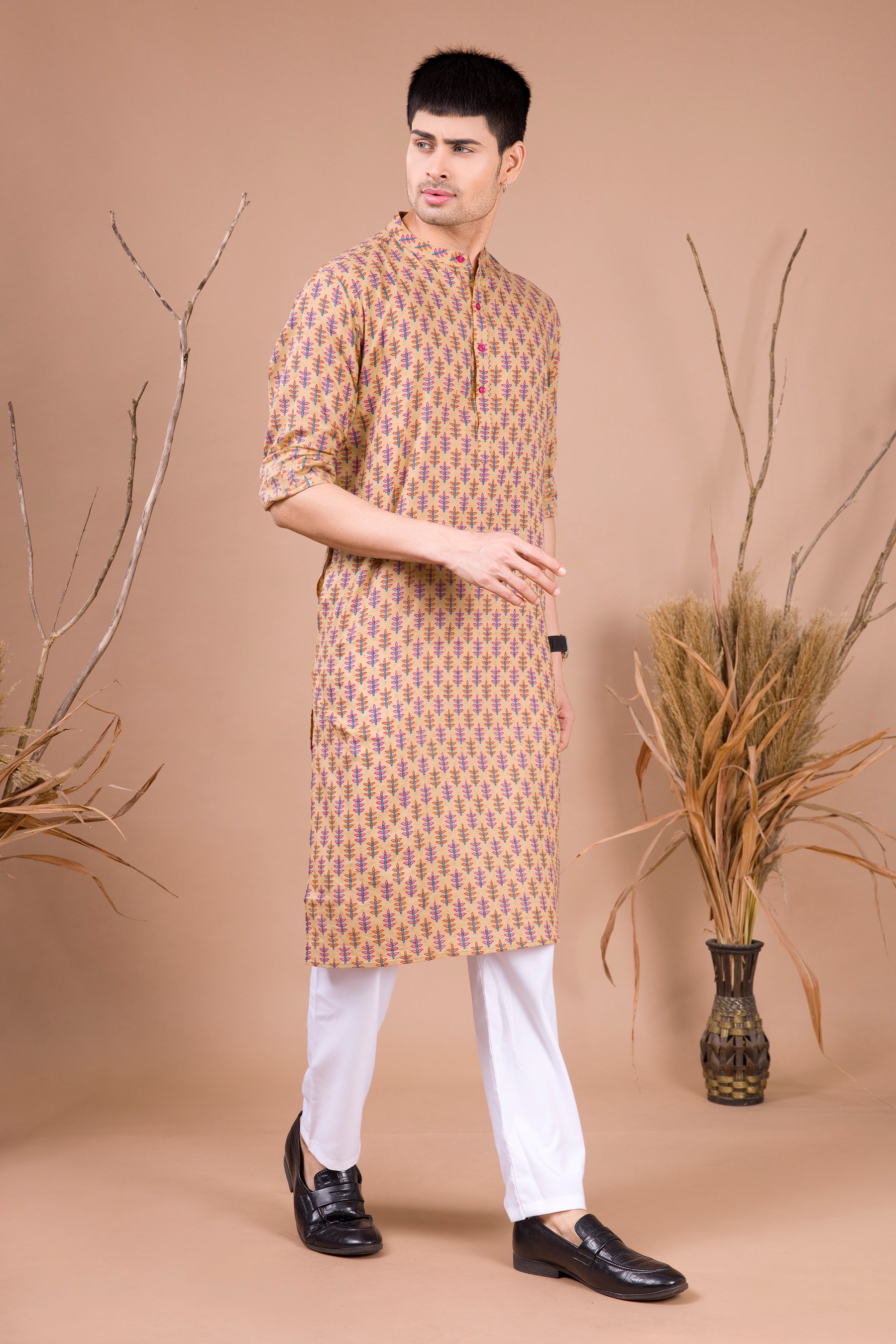 Butter Cream Printed Cotton Kurta Top