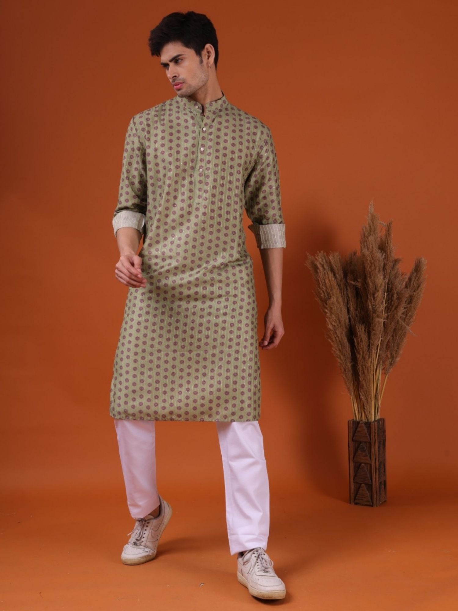 Tropical Green Ikat Print Cotton Silk Kurta Pajama Set