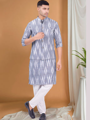 Metal Grey Ikat Print Kurta Jacket Set