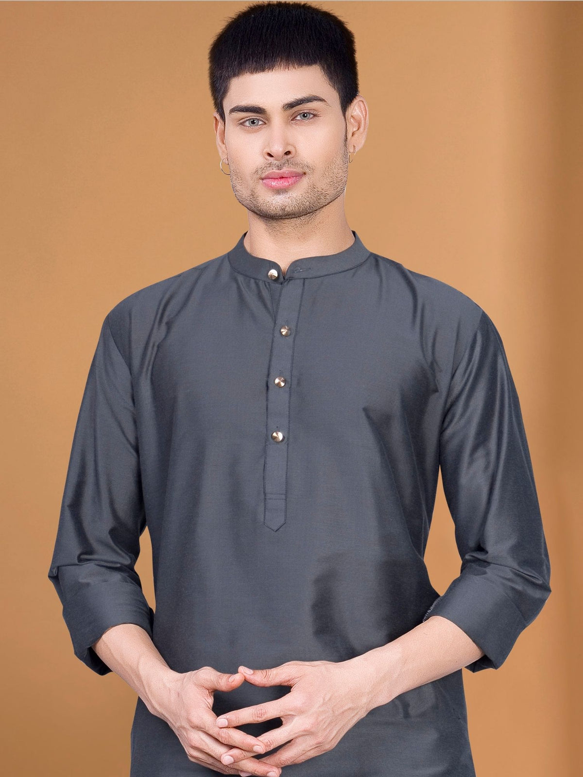 Metal Grey  Solid Kurta Peshawari Set