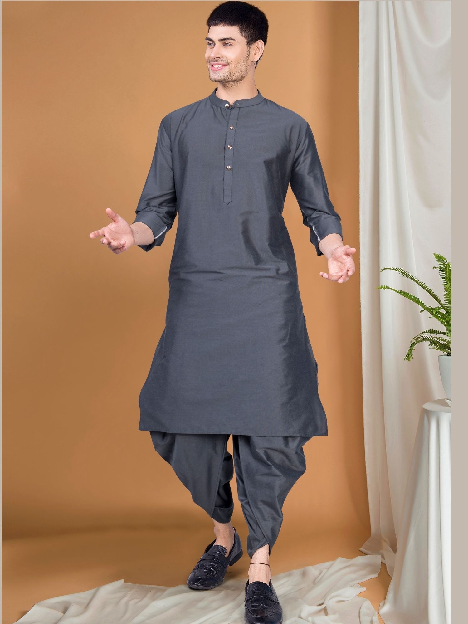 Metal Grey  Solid Kurta Peshawari Set