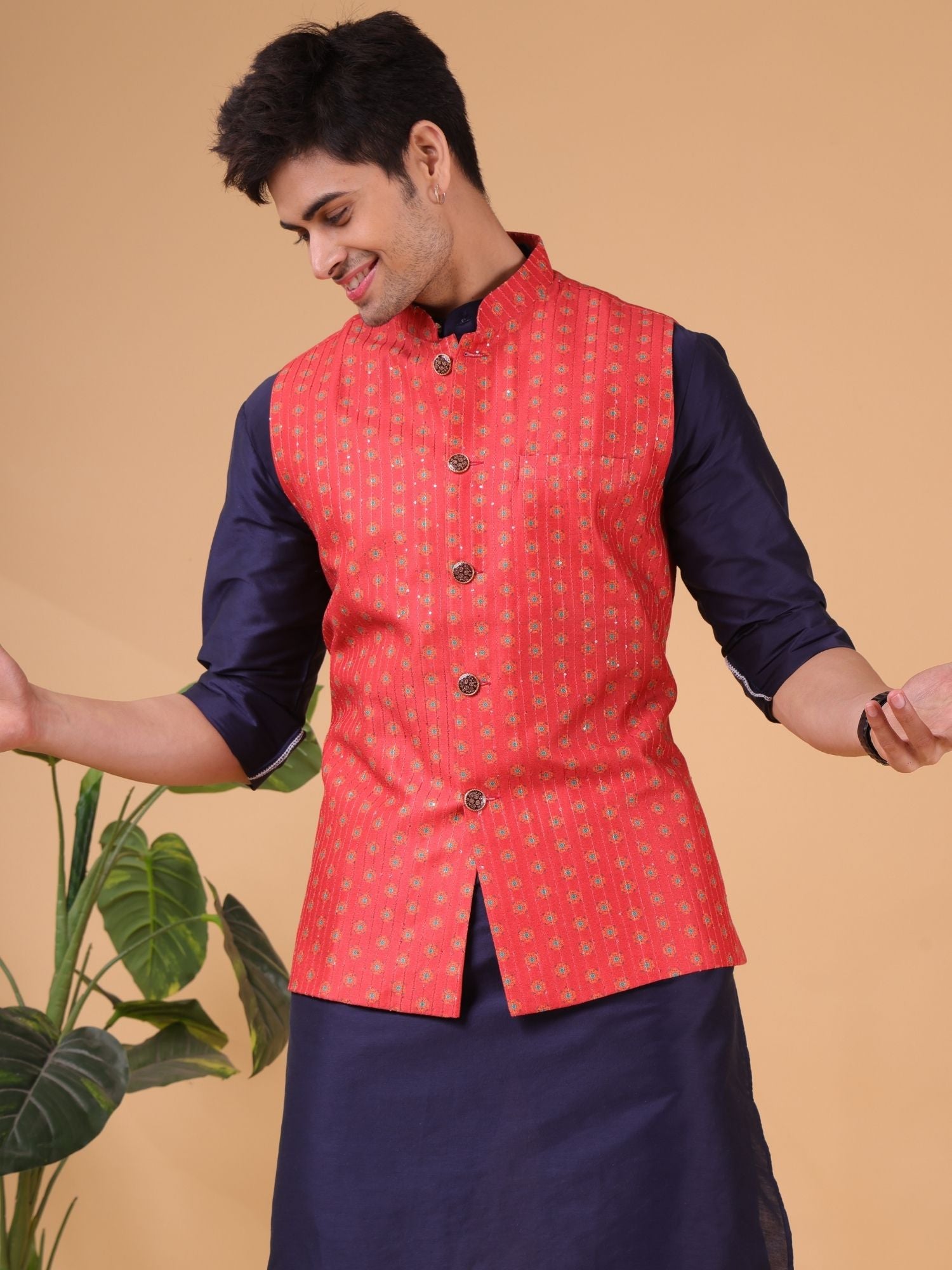 Cherry Red Ikat Print  Linen Cotton Nehru Jacket