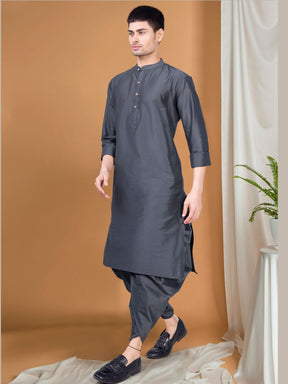 Metal Grey  Solid Kurta Peshawari Set