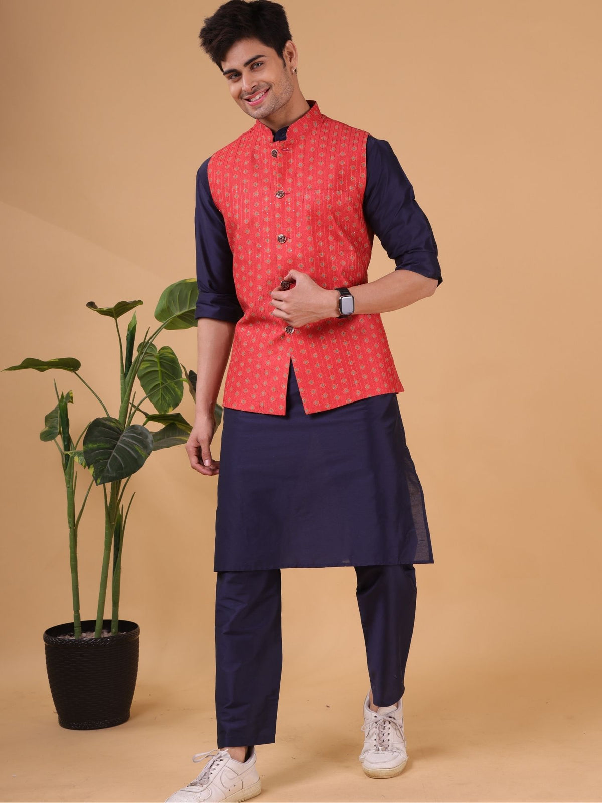 Cherry Red Ikat Print  Linen Cotton Nehru Jacket