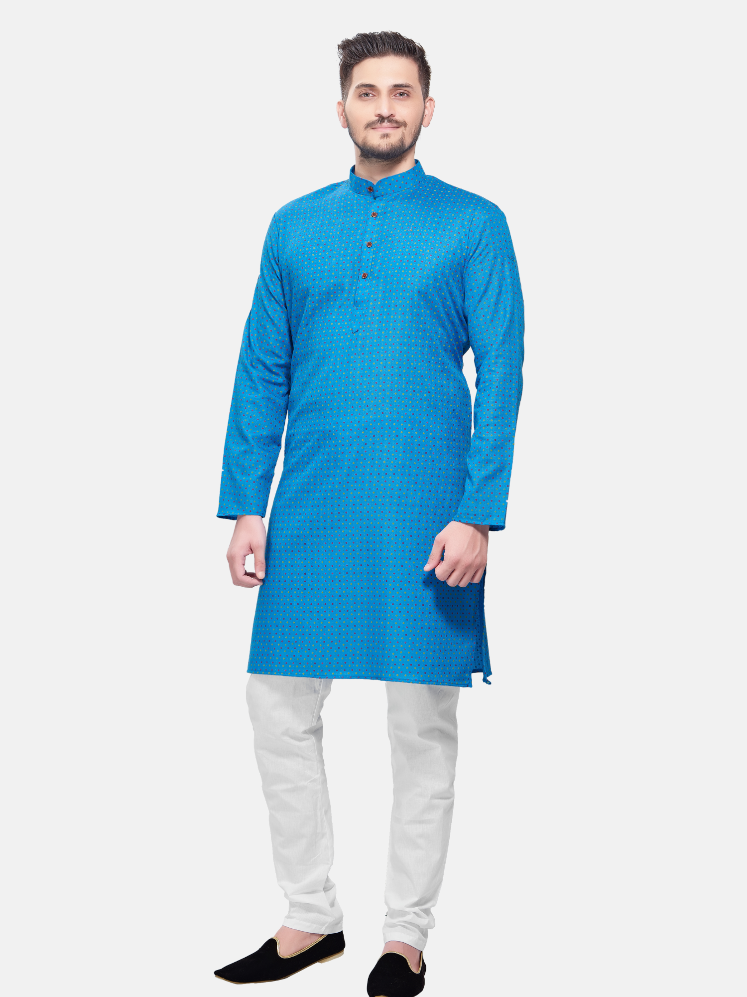 Azure Blue Dot Printed  Cotton Kurta and Matching Dhoti