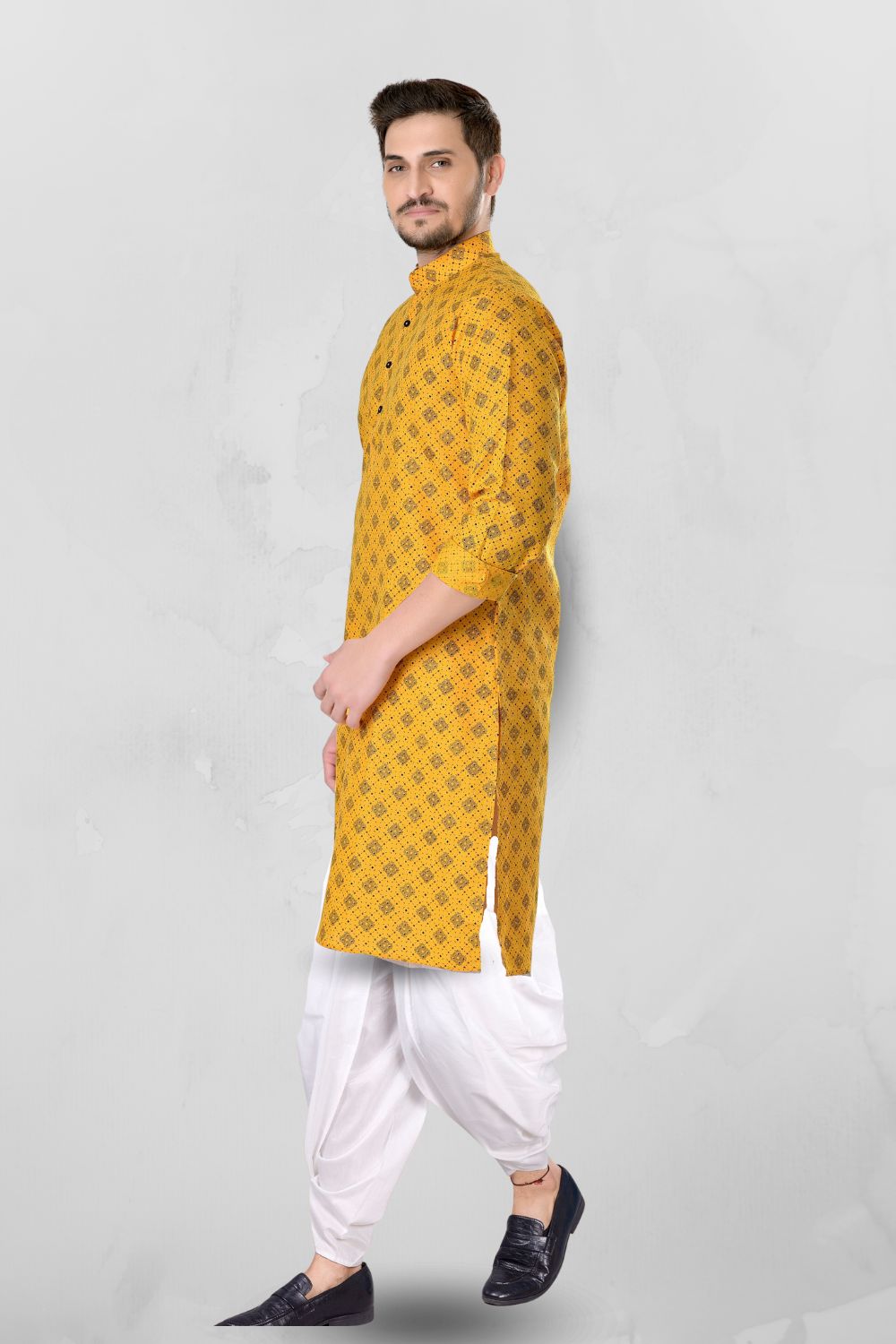 Shine Of Yellow Cotton Designer Printed Kurta Peshawari Set