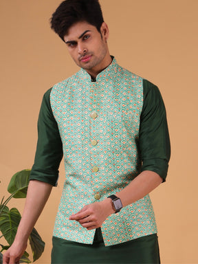 Tropical Green Ikat Print Linen Cotton Nehru Jacket