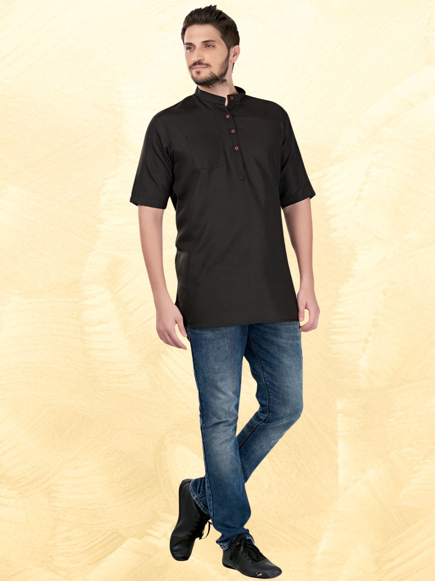 Jade Black Solid Short Sleeves Casual Short Kurta