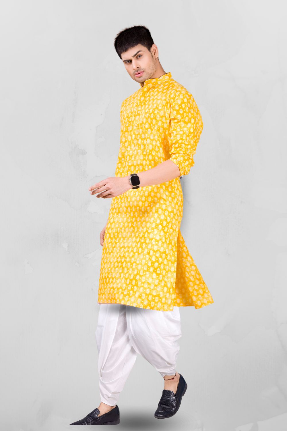 Shine Of Yellow Paisley Design Cotton Kurta Peshawari Set