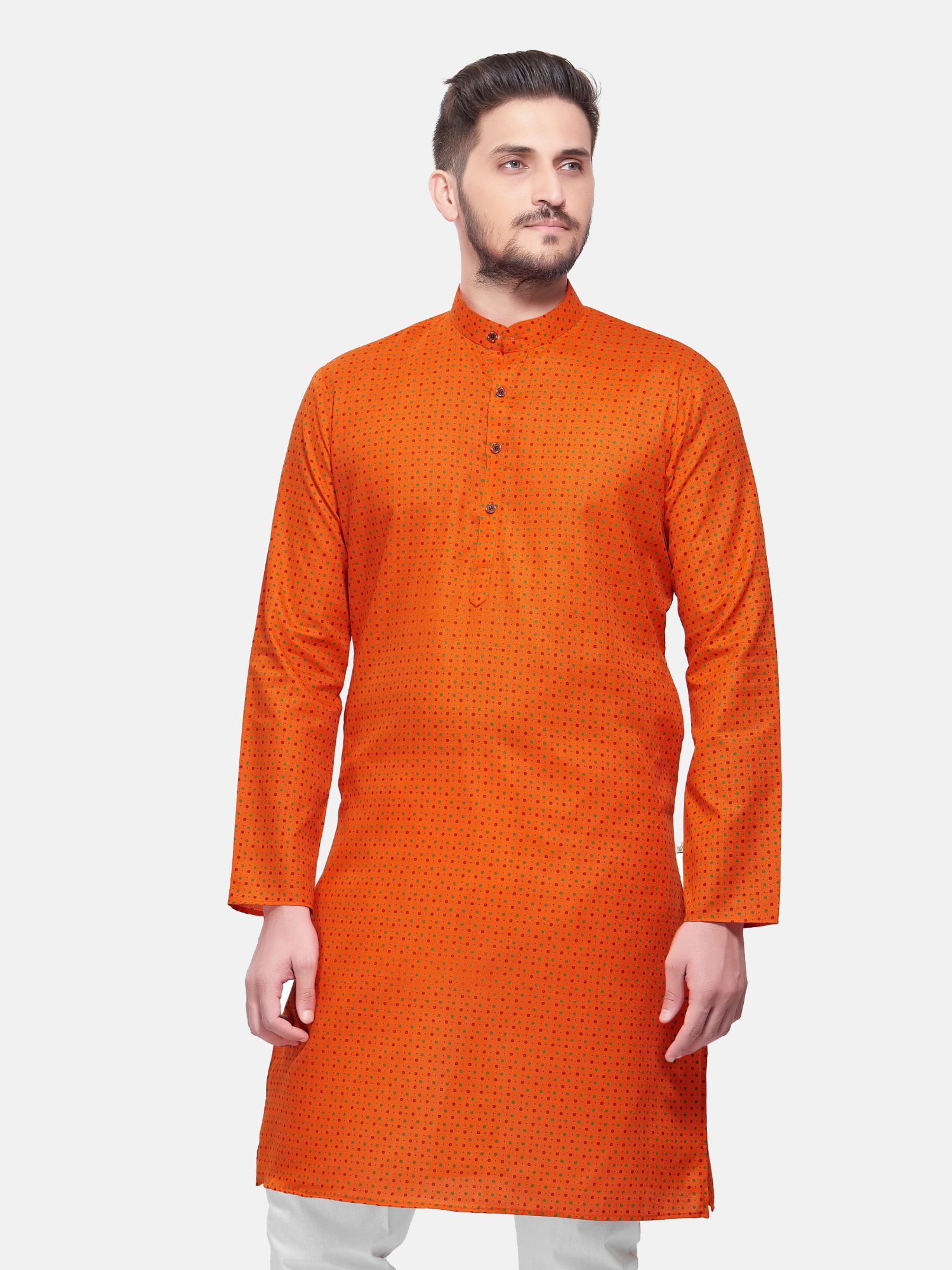 Apricot Orange Dot Printed  Cotton  Kurta  and Matching Dhoti