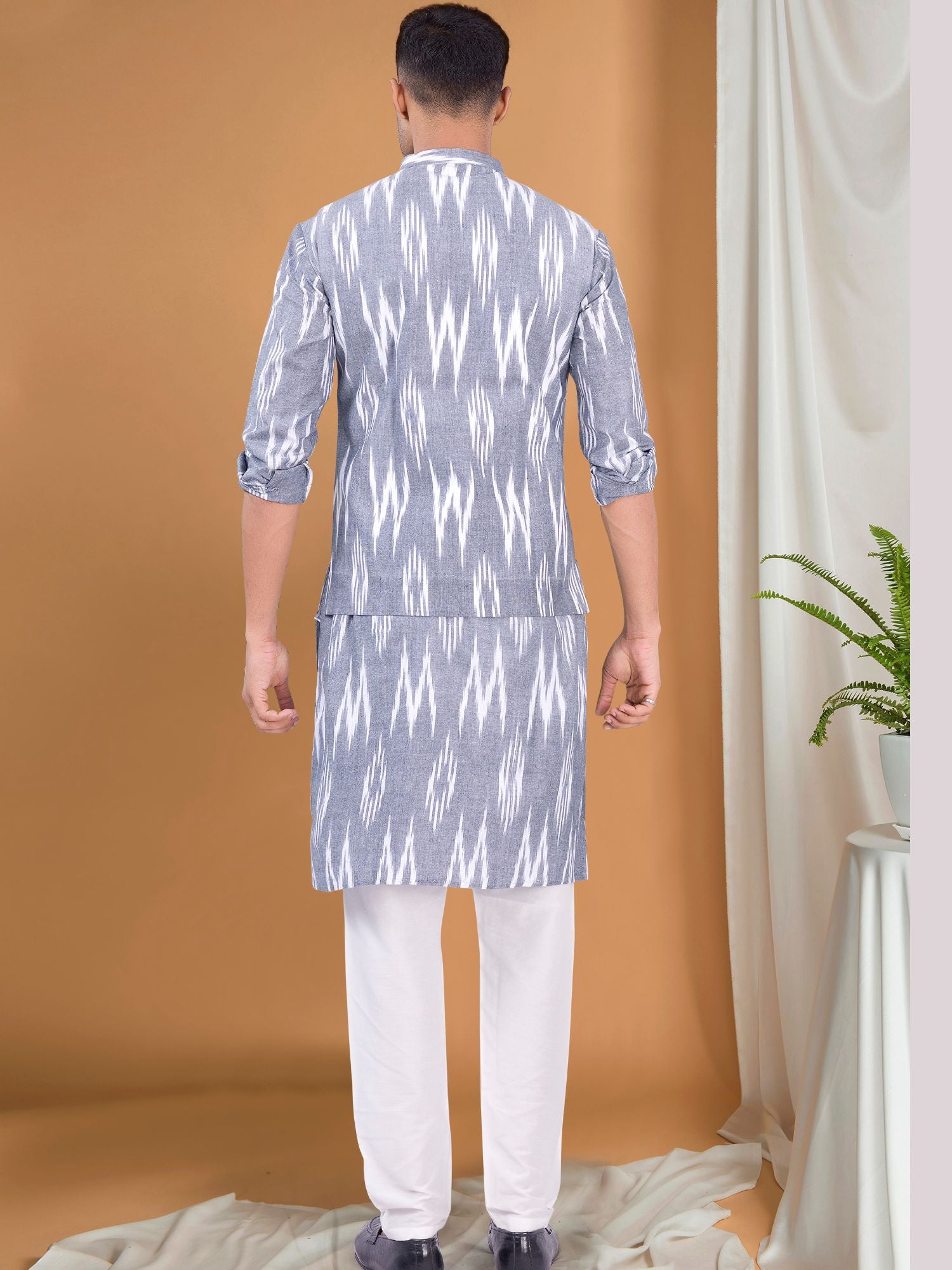 Metal Grey Ikat Print Kurta Jacket Set