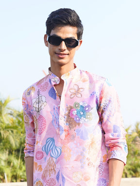 Persion Pink Floral Printed Cotton Kurta