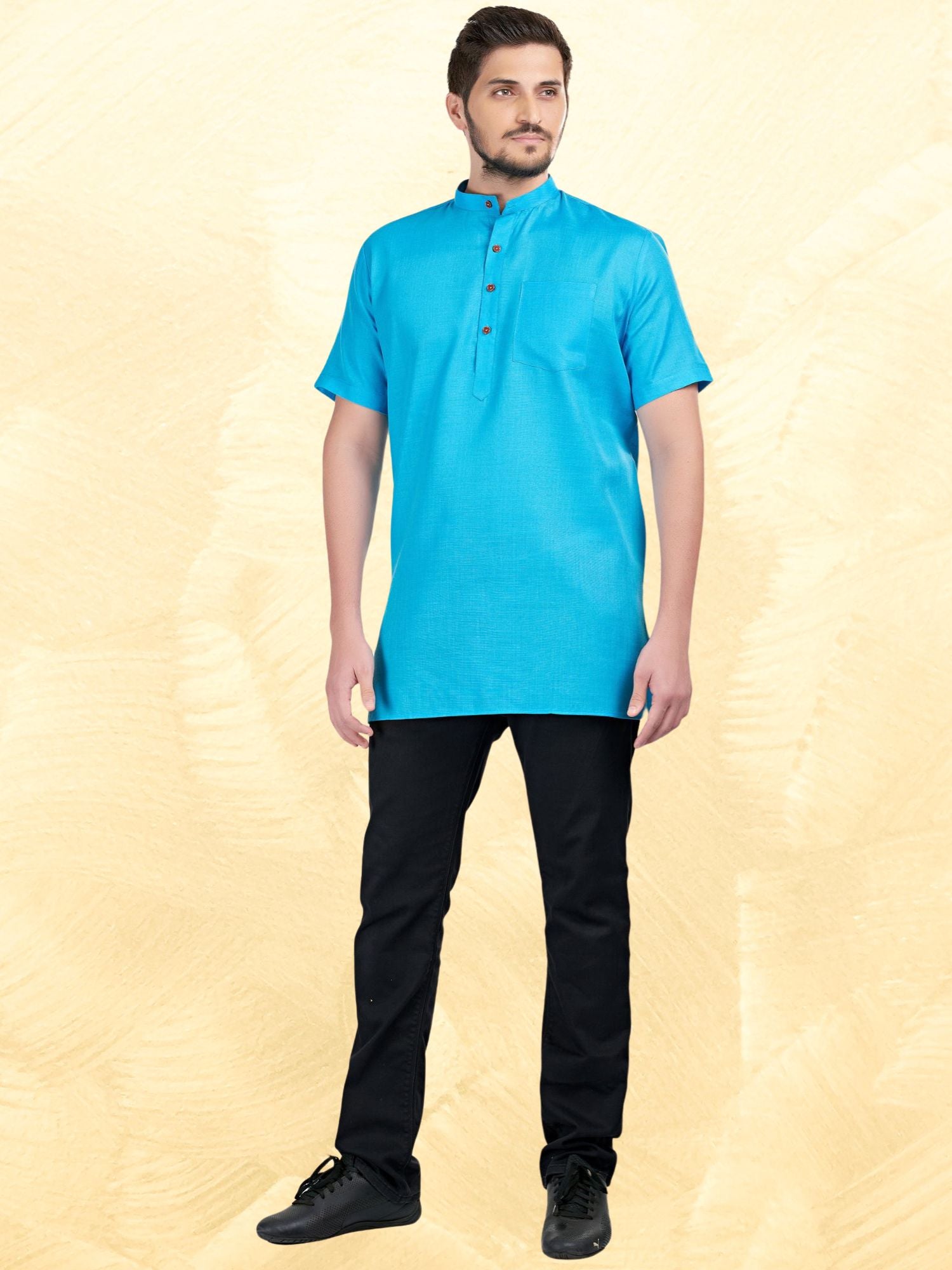 Azure Blue Solid Short Sleeves Casual Short Kurta