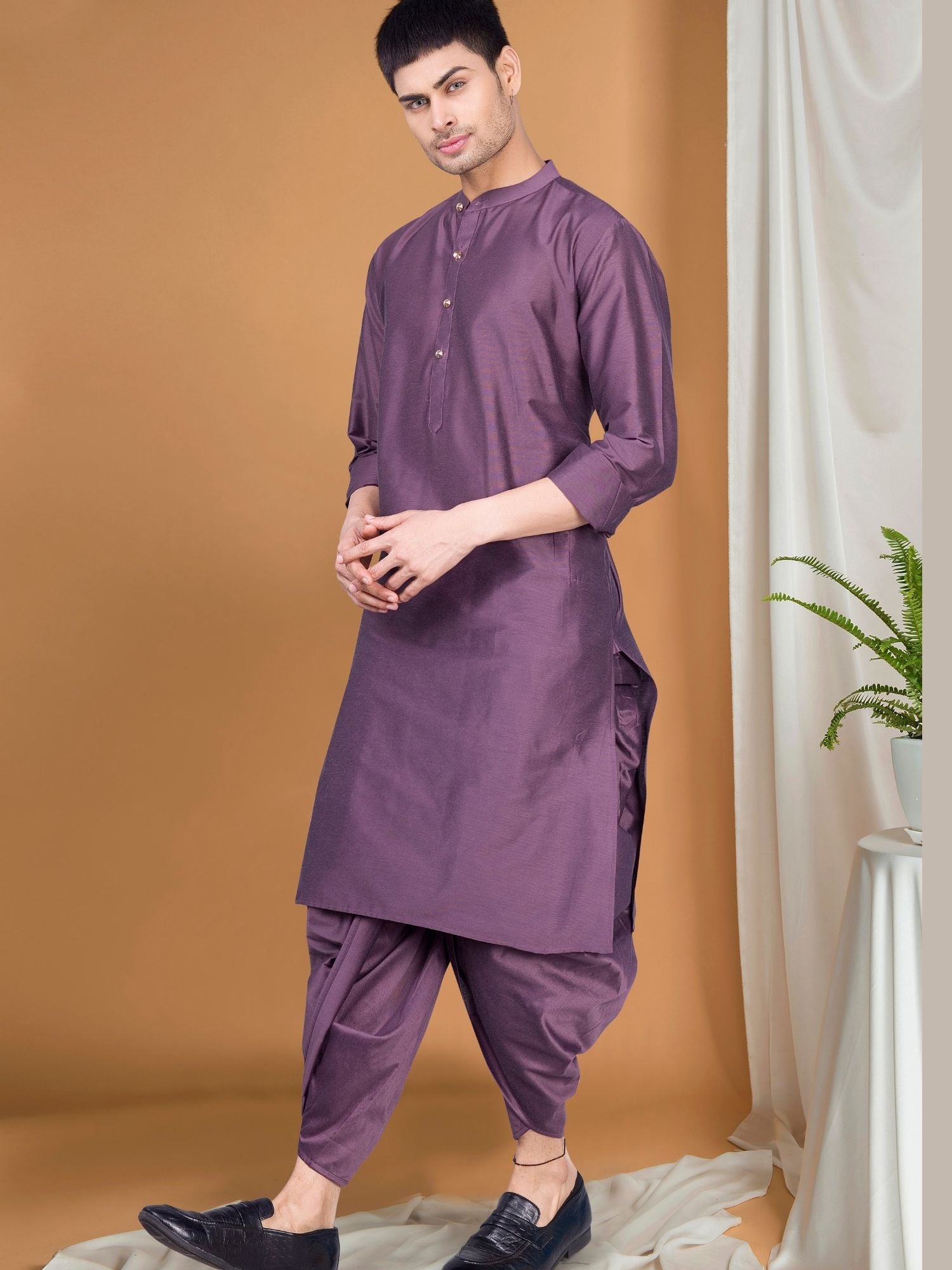 Purple Solid Kurta Peshawari Set