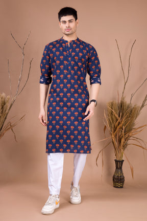 Azure Blue Printed Cotton Kurta