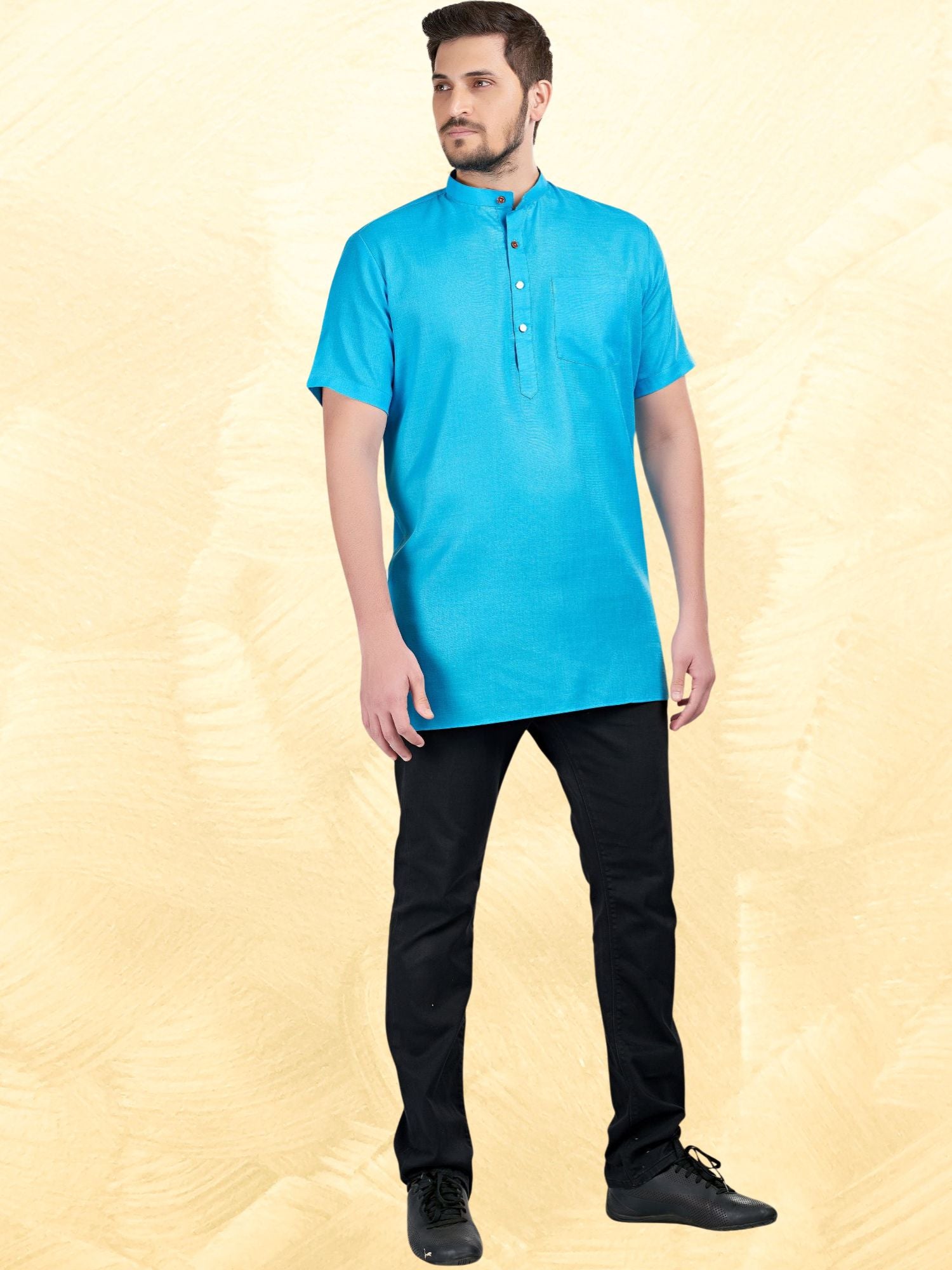 Azure Blue Solid Short Sleeves Casual Short Kurta