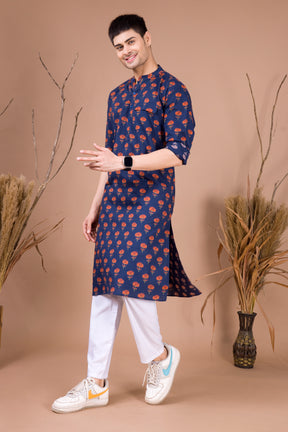 Azure Blue Printed Cotton Kurta