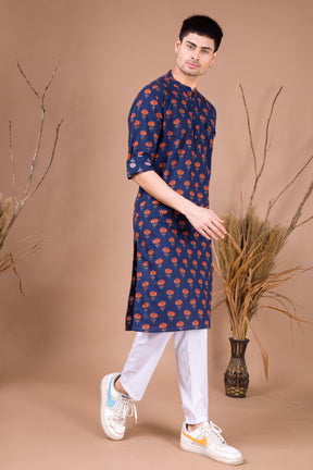 Azure Blue Printed Cotton Kurta