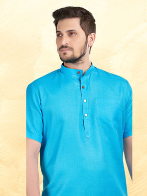 Azure Blue Solid Short Sleeves Casual Short Kurta