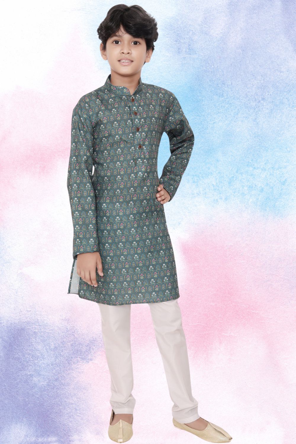 Tropical Green Indi Print Cotton  Kurta Pajama Suit