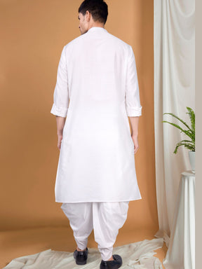 White Solid Kurta Peshawari Set