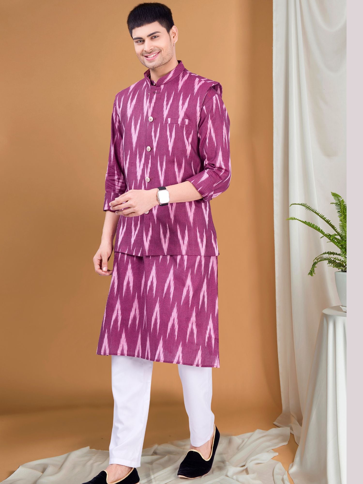 Rich Maroon Ikat Print Kurta Jacket Set