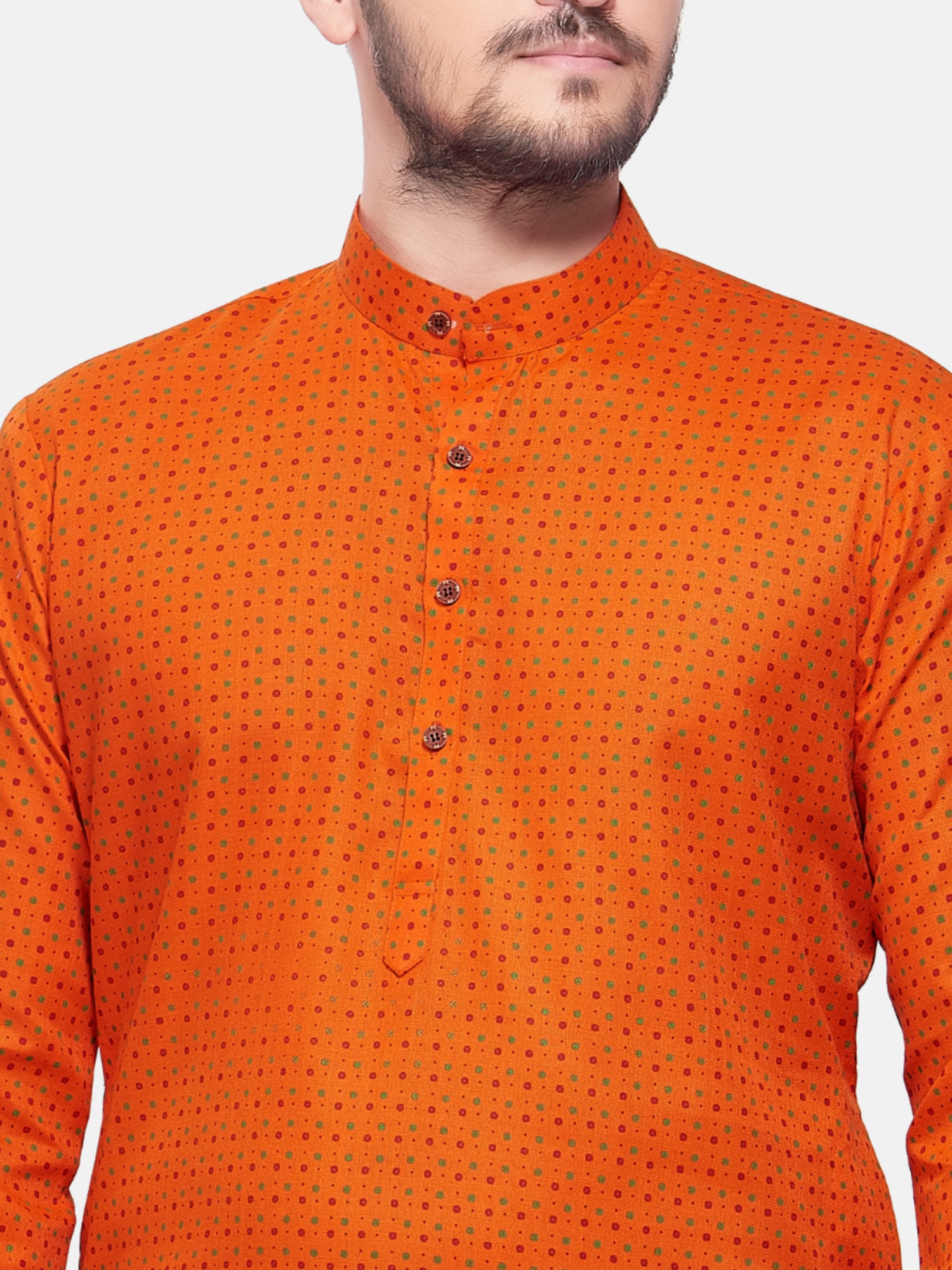 Apricot Orange Dot Printed  Cotton  Kurta  and Matching Dhoti