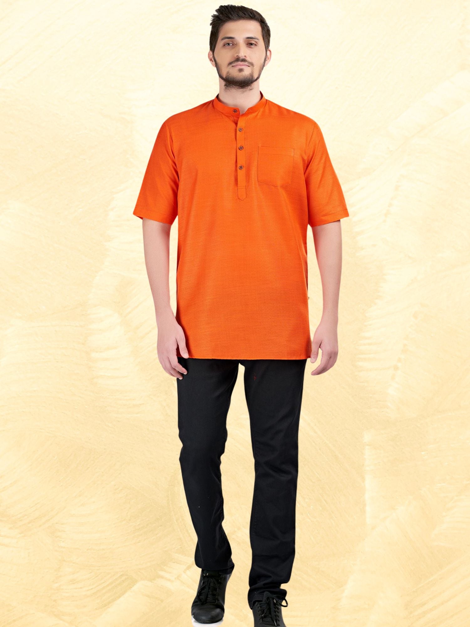 Apricot Orange Solid Short Sleeves Casual Short Kurta