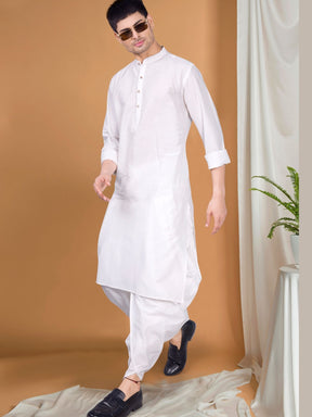 White Solid Kurta Peshawari Set