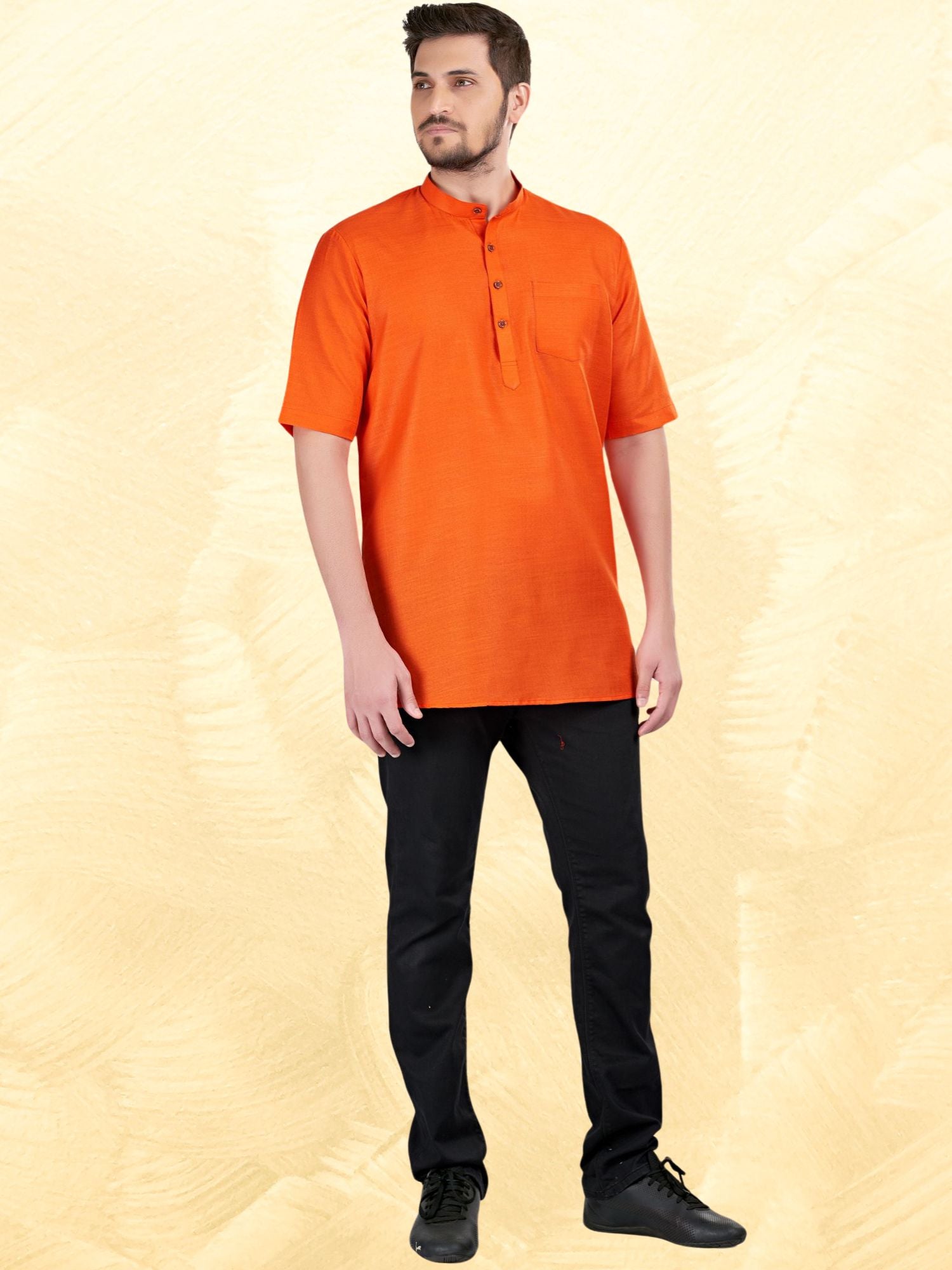 Apricot Orange Solid Short Sleeves Casual Short Kurta