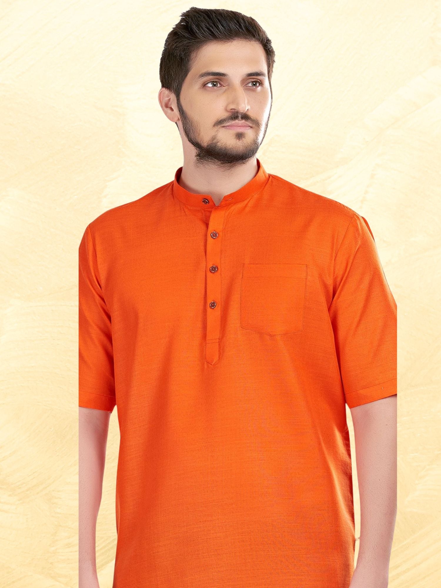 Apricot Orange Solid Short Sleeves Casual Short Kurta