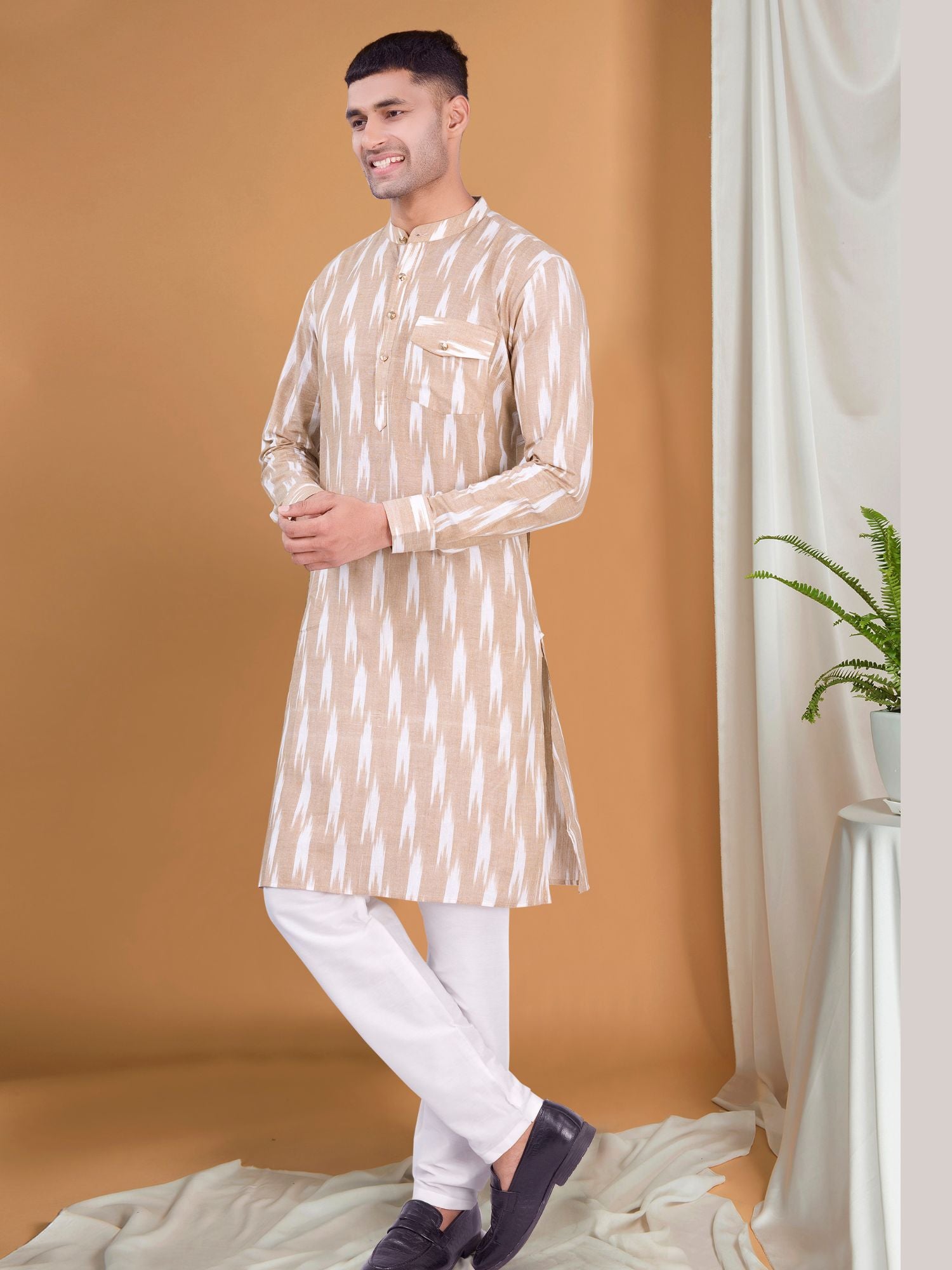 Cider Brown Ikat Print Cotton Kurta