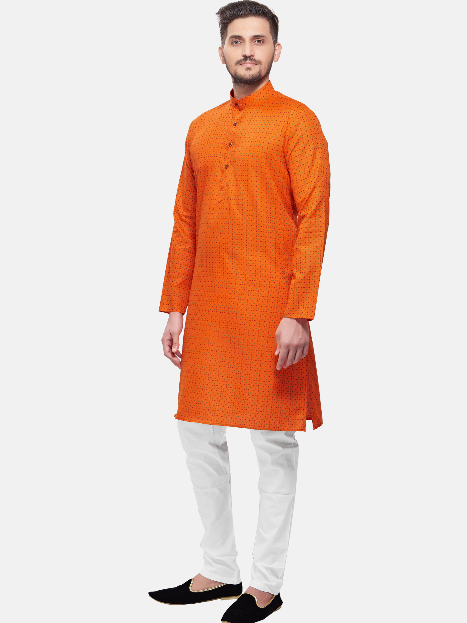 Apricot Orange Dot Printed  Cotton  Kurta  and Matching Dhoti