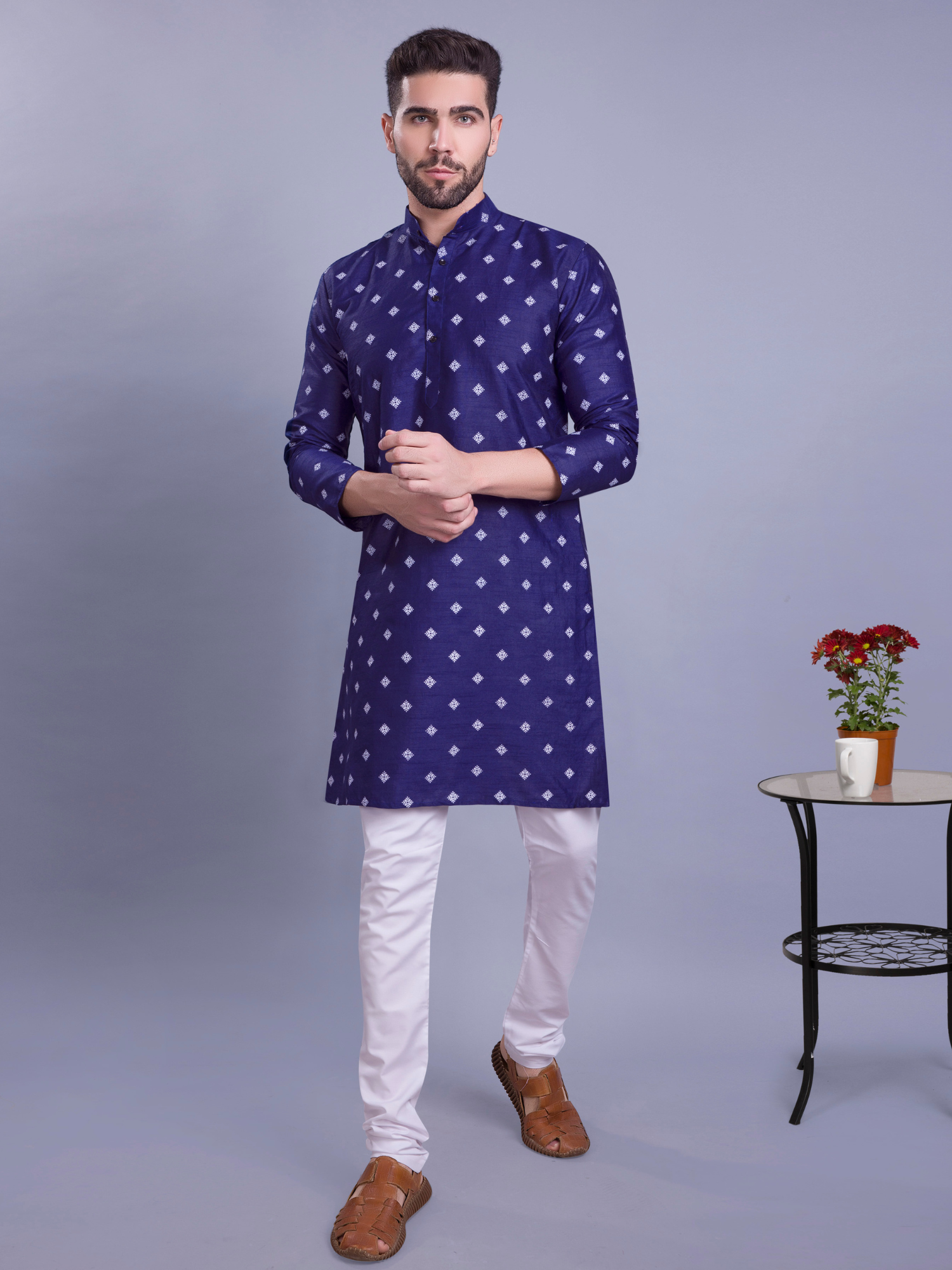 Coral Peach Hloom Printed Silk Kurta