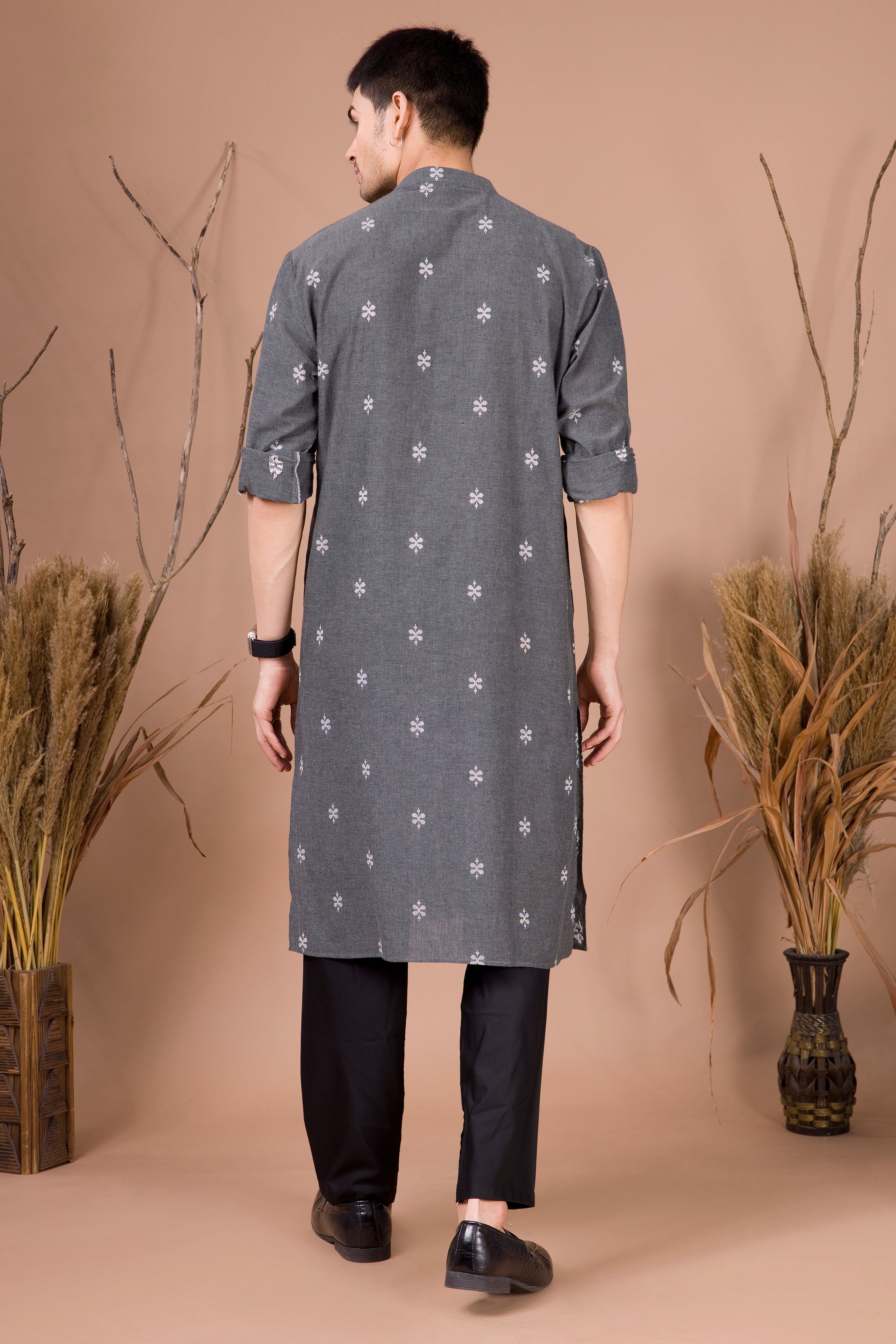 Metal Grey Printed Cotton Kurta Top