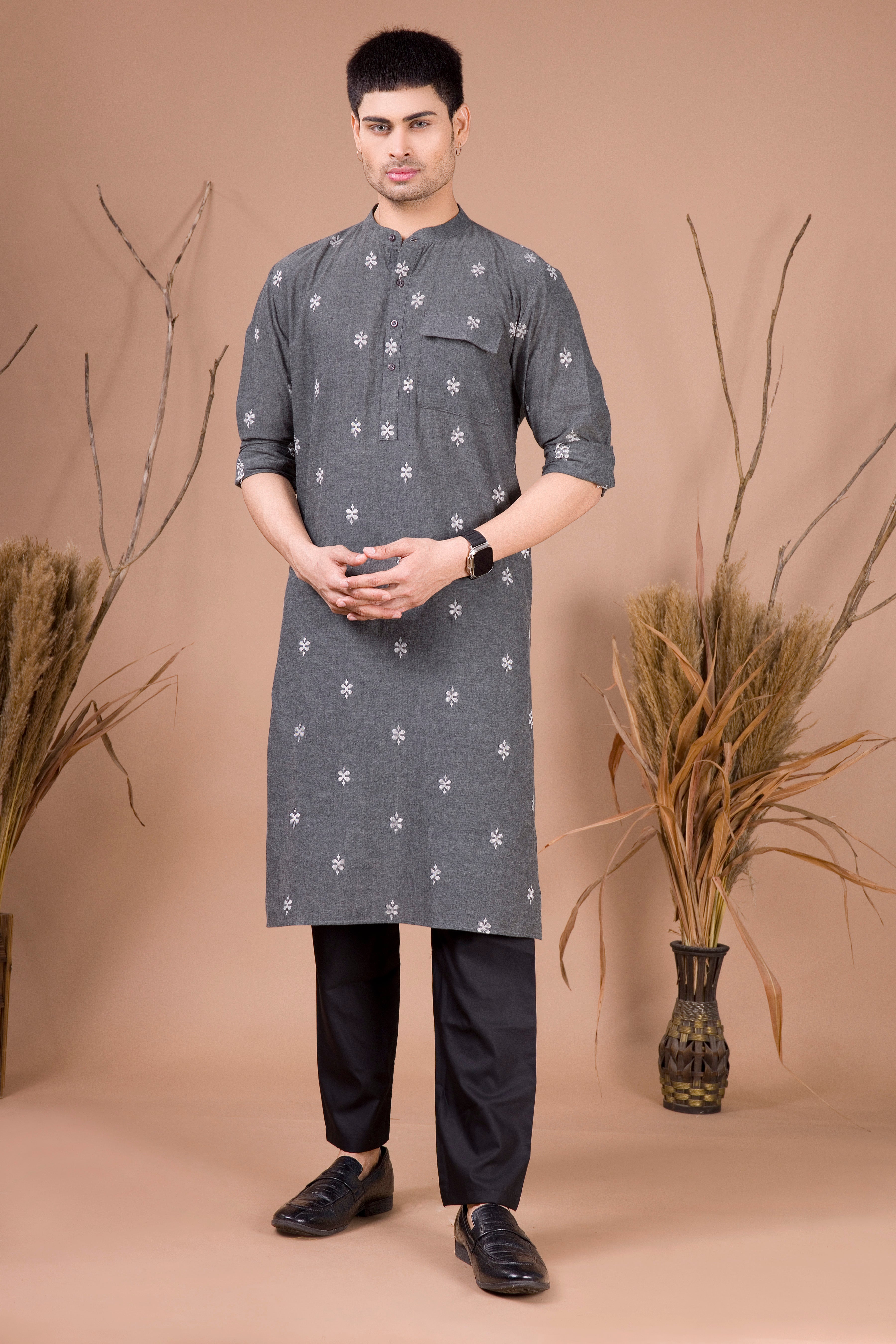 Metal Grey Printed Cotton Kurta Top