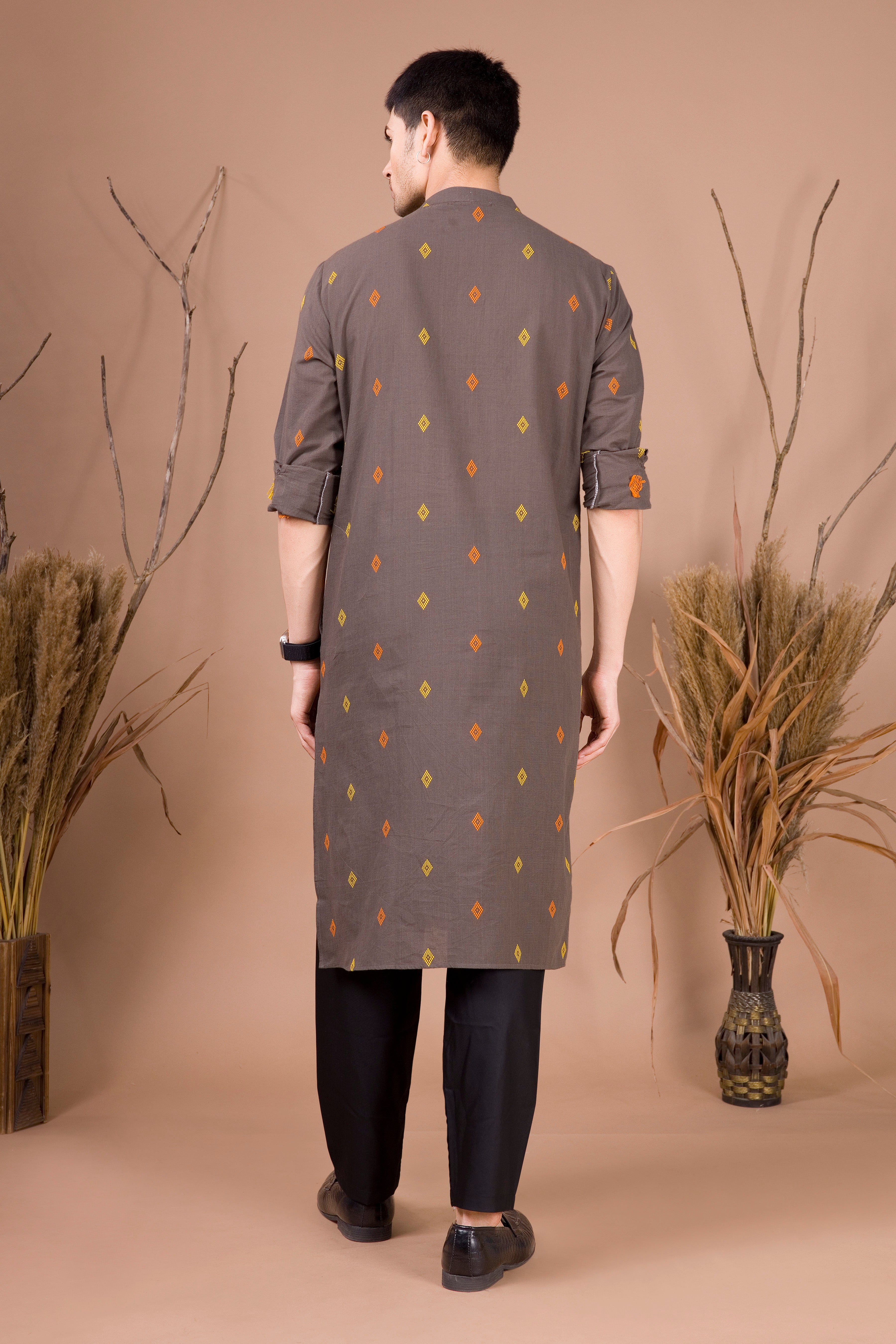 Metal Grey Printed Cotton Kurta