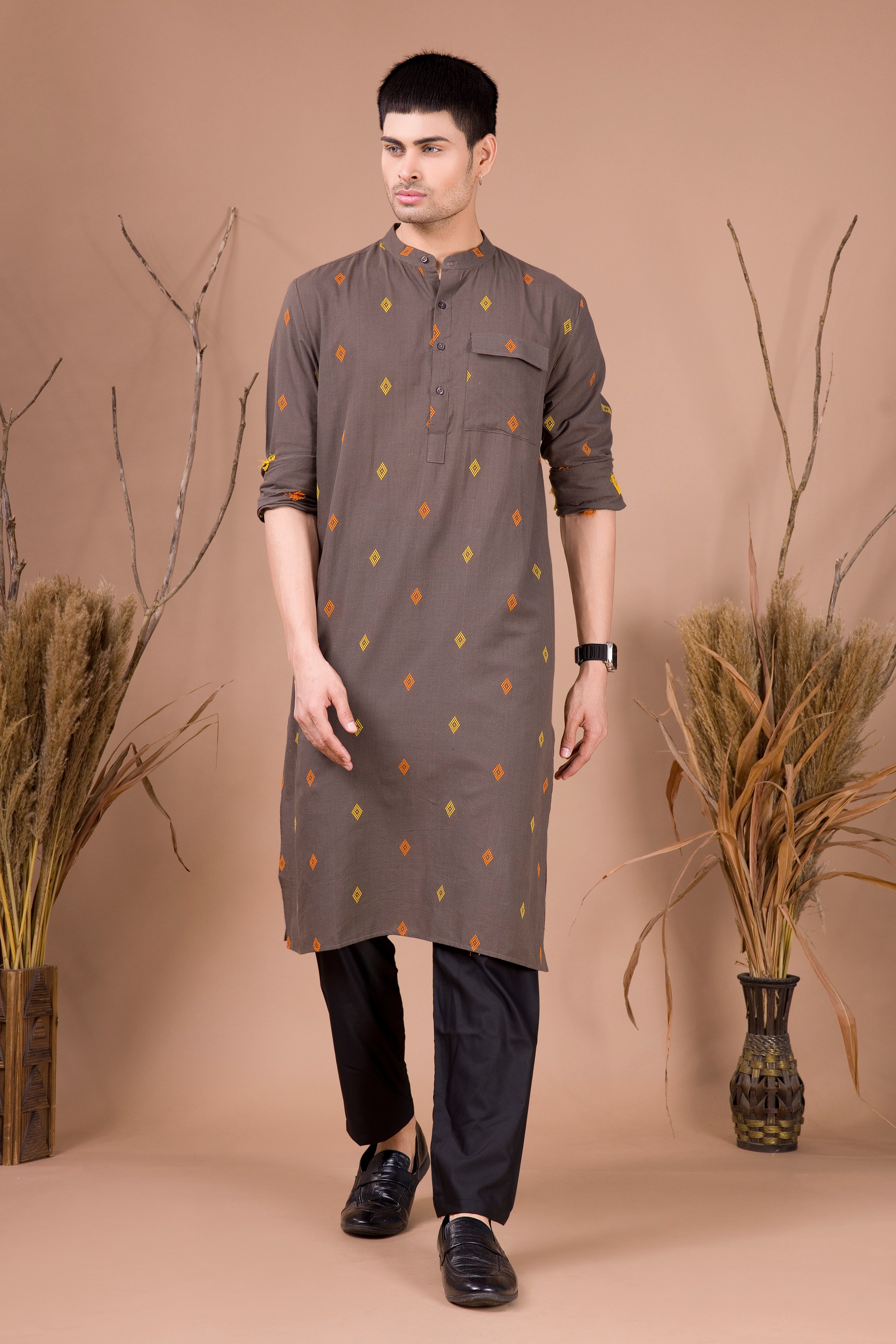 Metal Grey Printed Cotton Kurta