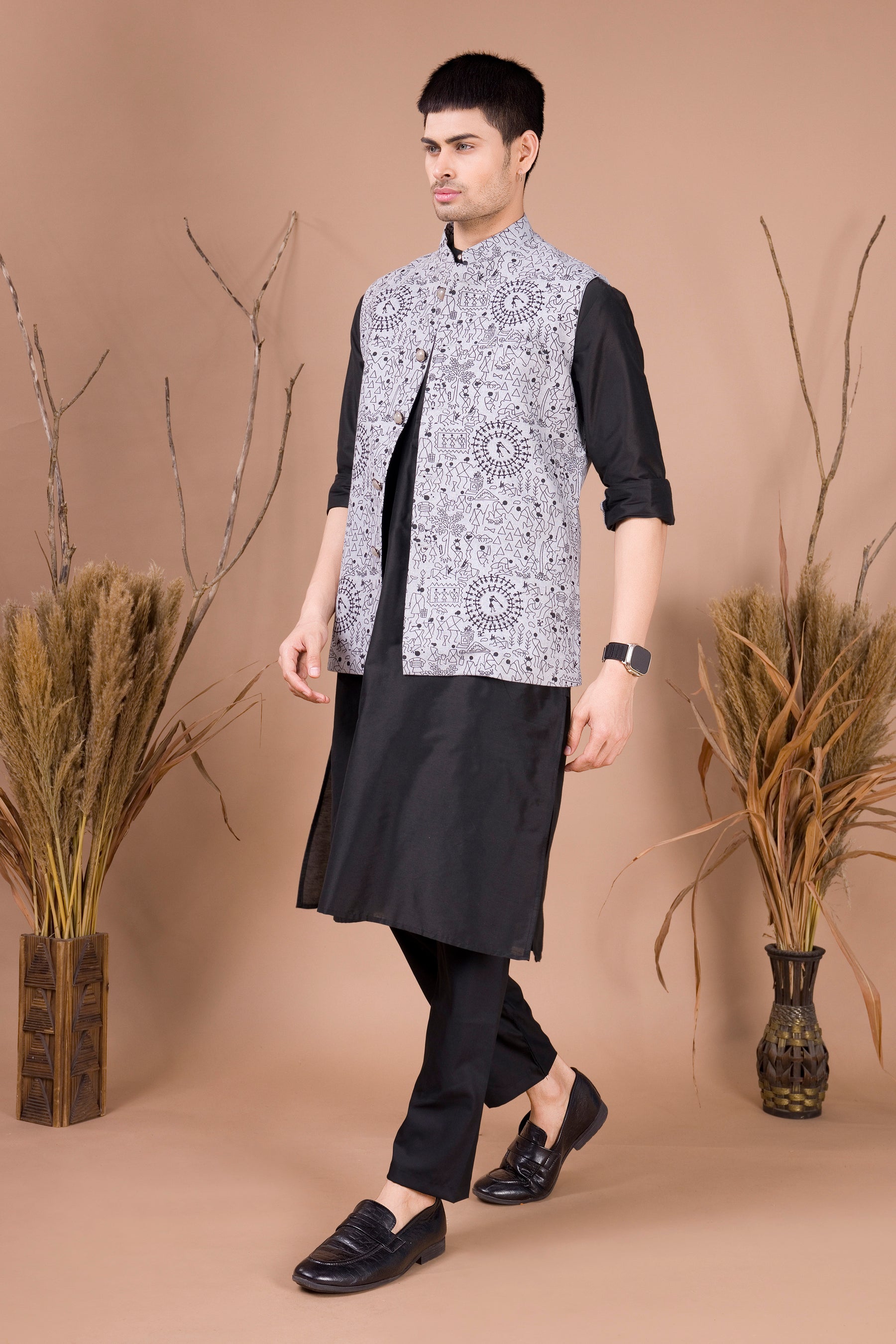 Jade Black Linen Cotton Nehru Jacket