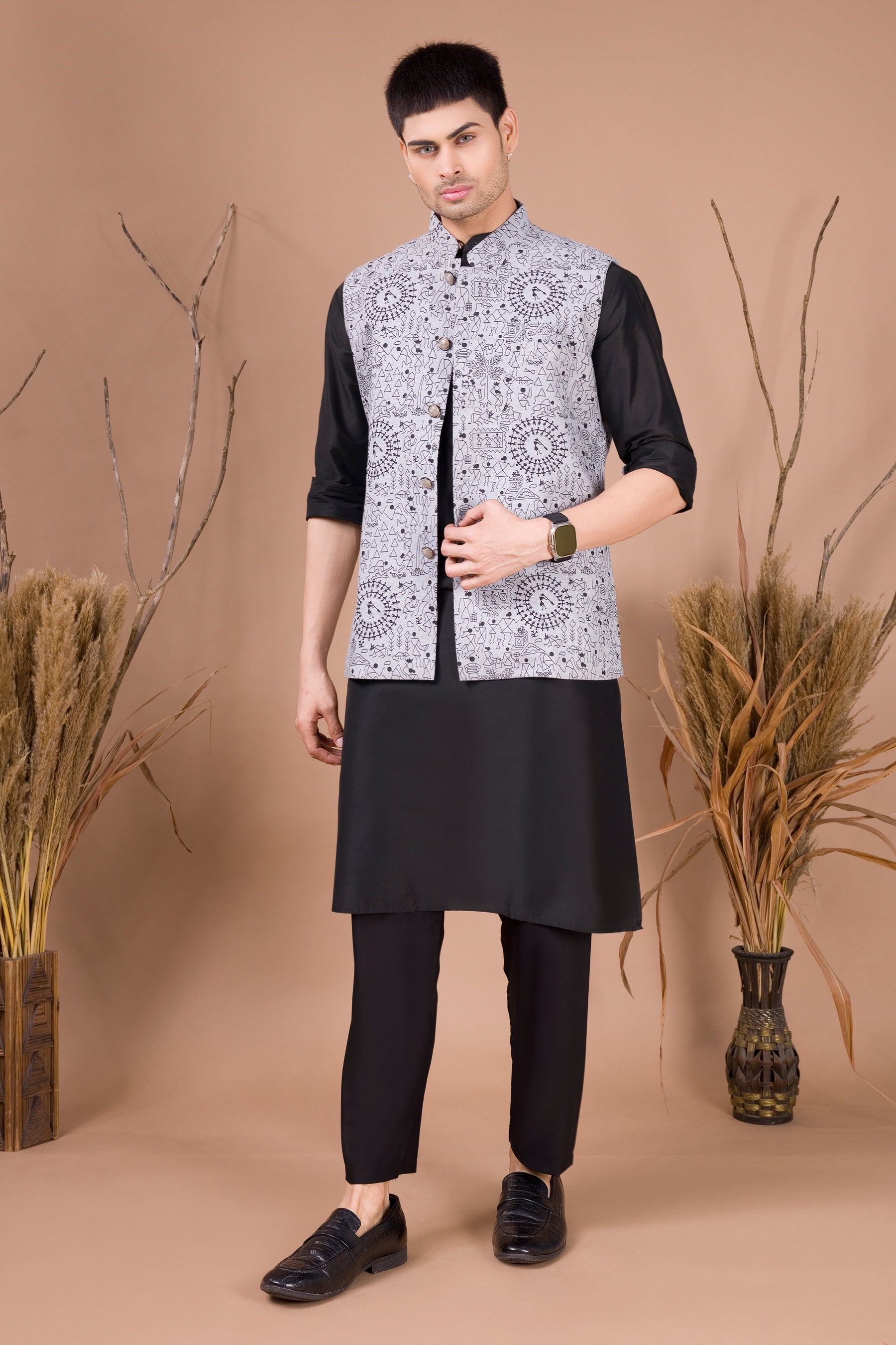 Jade Black Linen Cotton Nehru Jacket