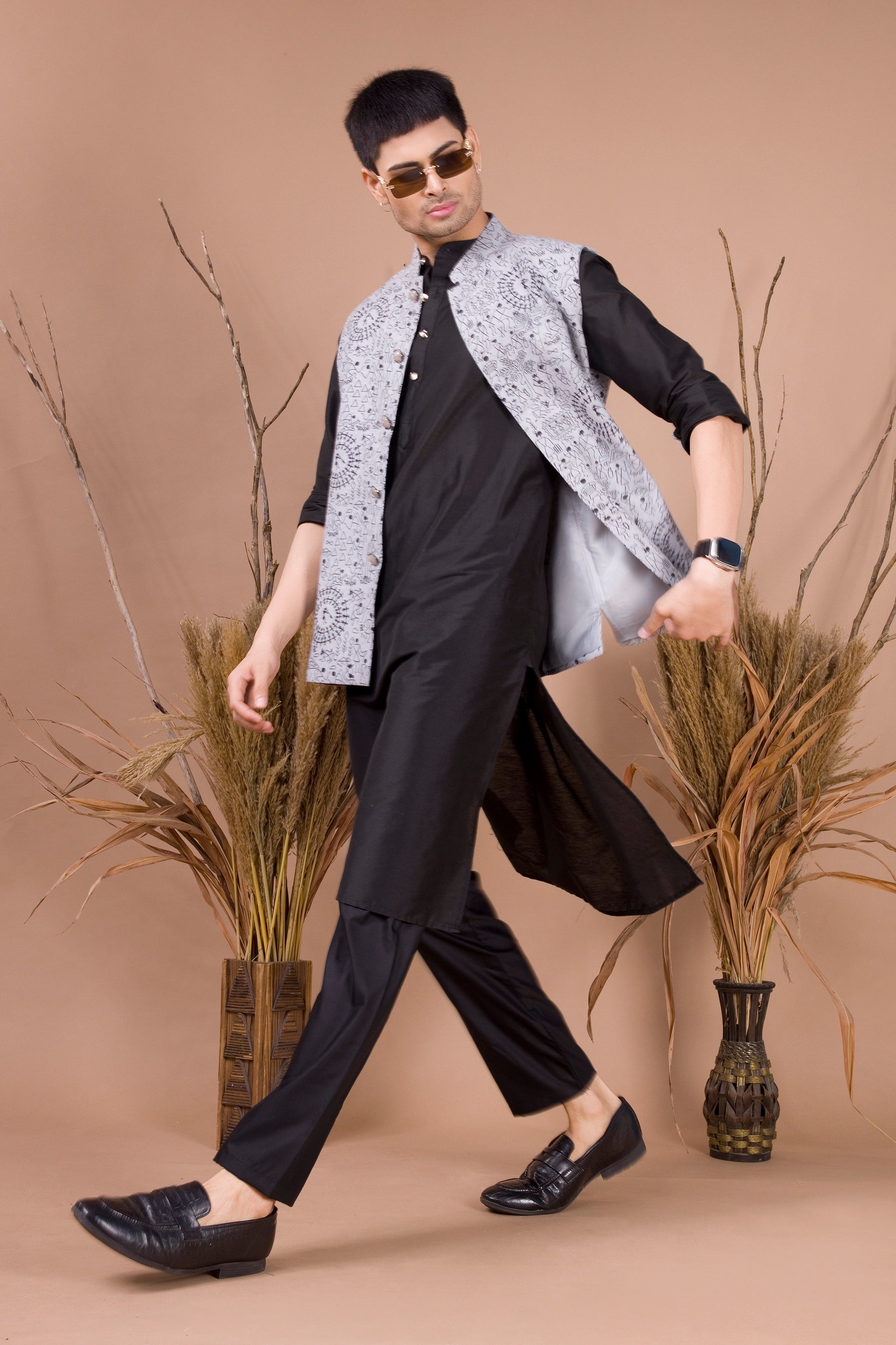 Jade Black Linen Cotton Nehru Jacket