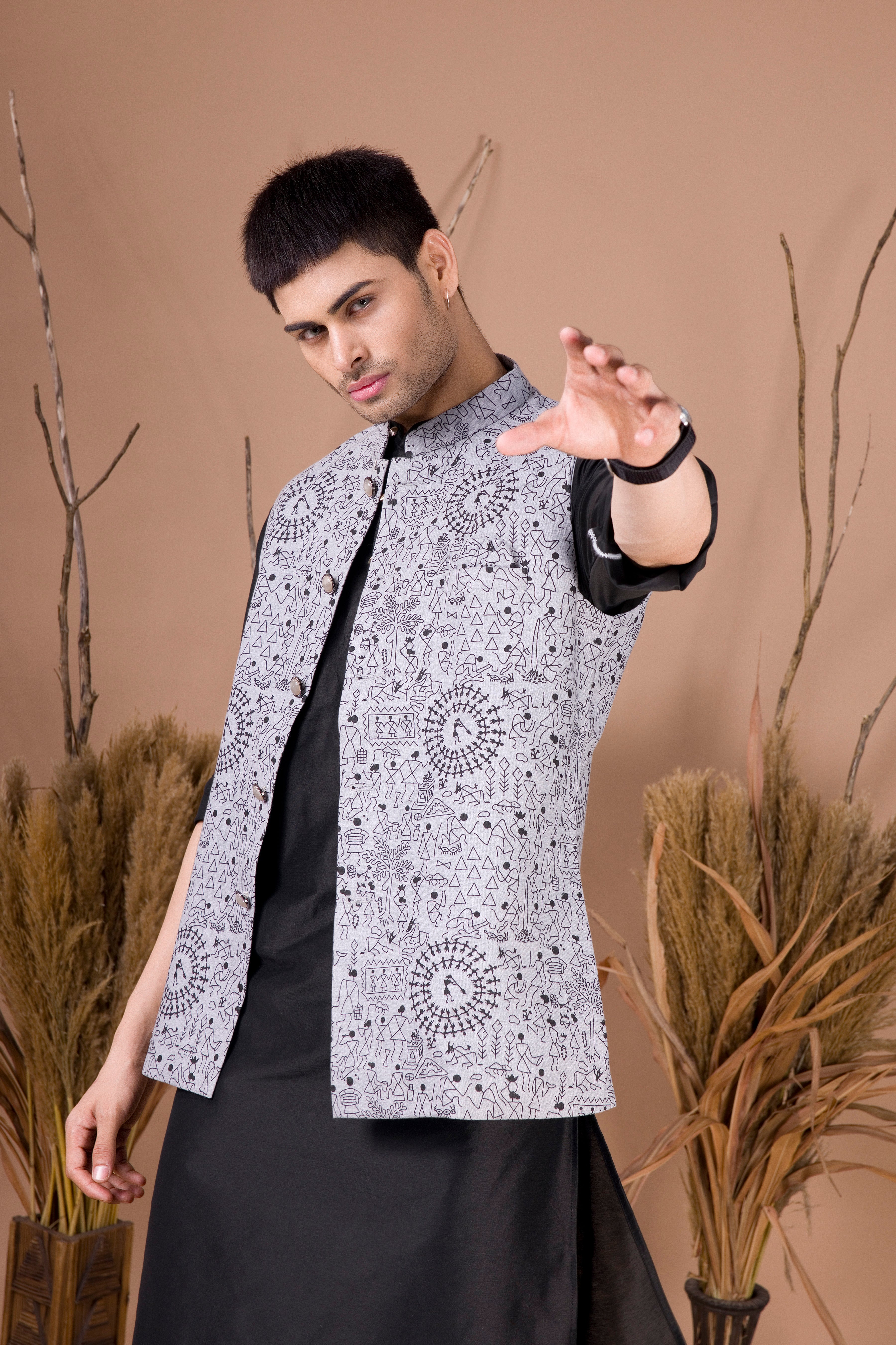 Jade Black Linen Cotton Nehru Jacket